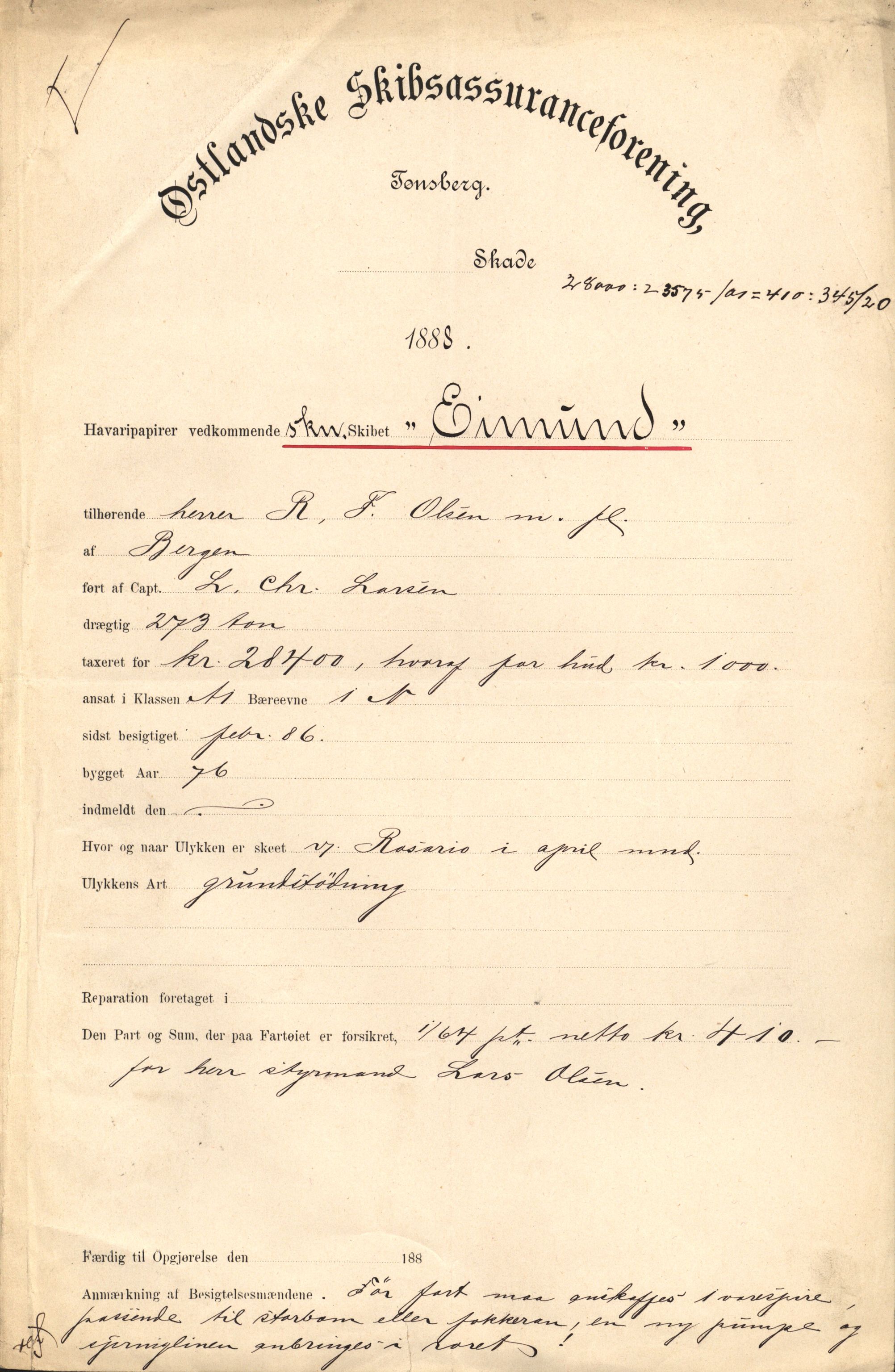 Pa 63 - Østlandske skibsassuranceforening, VEMU/A-1079/G/Ga/L0023/0004: Havaridokumenter / Petrus, Eimund, Eidsvold, Electra, Eliezer, Elise, 1888, s. 7