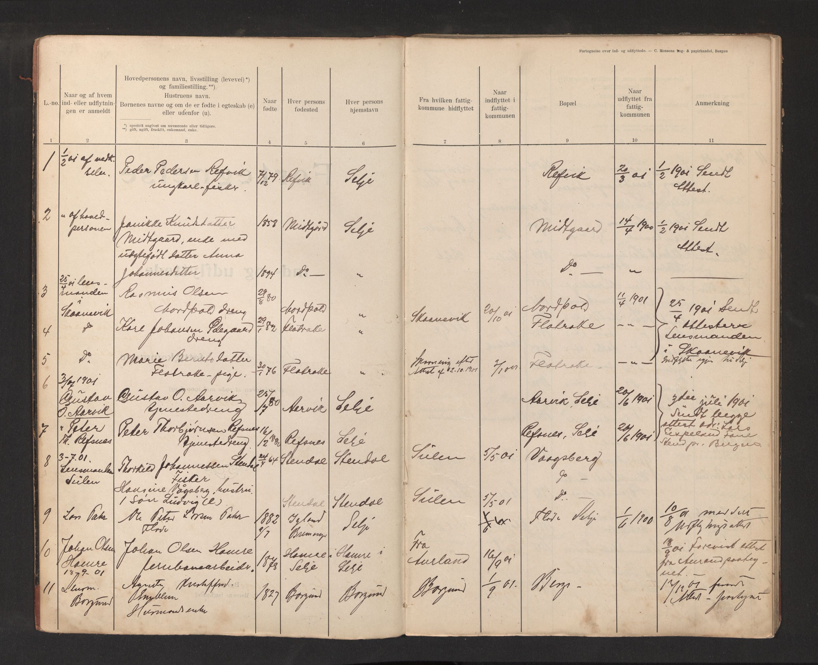 Lensmannen i Selje, SAB/A-29701/0020/L0001: Protokoll over inn- og utflytte, 1901-1916