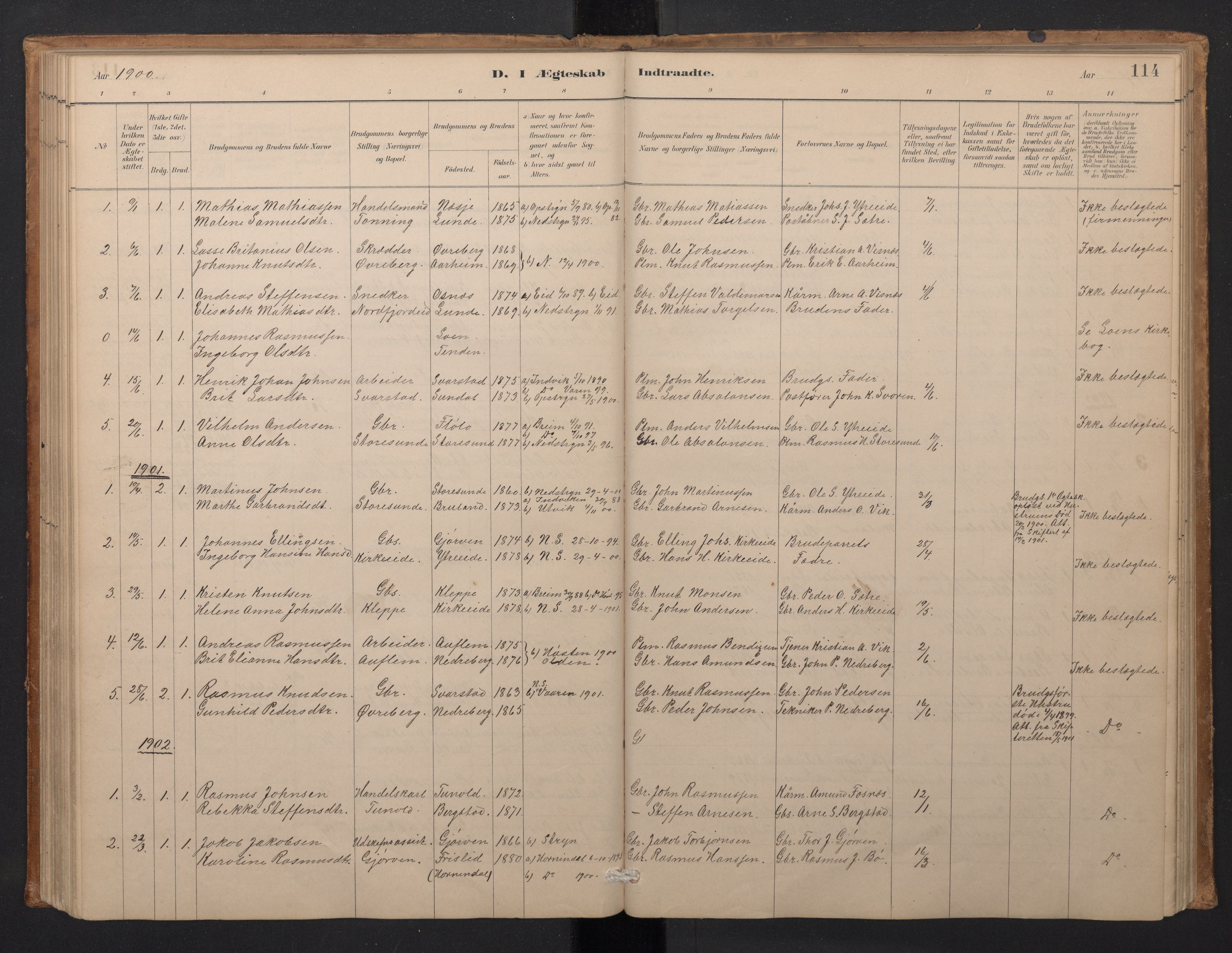 Stryn Sokneprestembete, SAB/A-82501: Klokkerbok nr. A 2, 1883-1905, s. 113b-114a