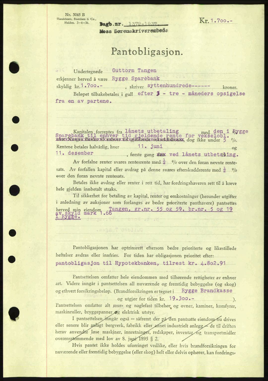 Moss sorenskriveri, SAO/A-10168: Pantebok nr. B4, 1937-1938, Dagboknr: 1372/1937