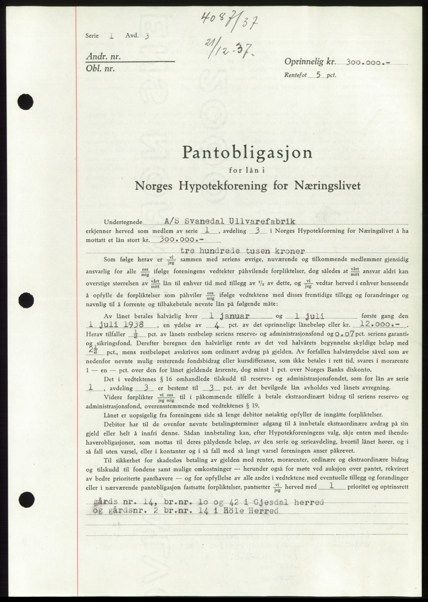 Jæren sorenskriveri, SAST/A-100310/03/G/Gba/L0069: Pantebok, 1937-1937, Dagboknr: 4087/1937