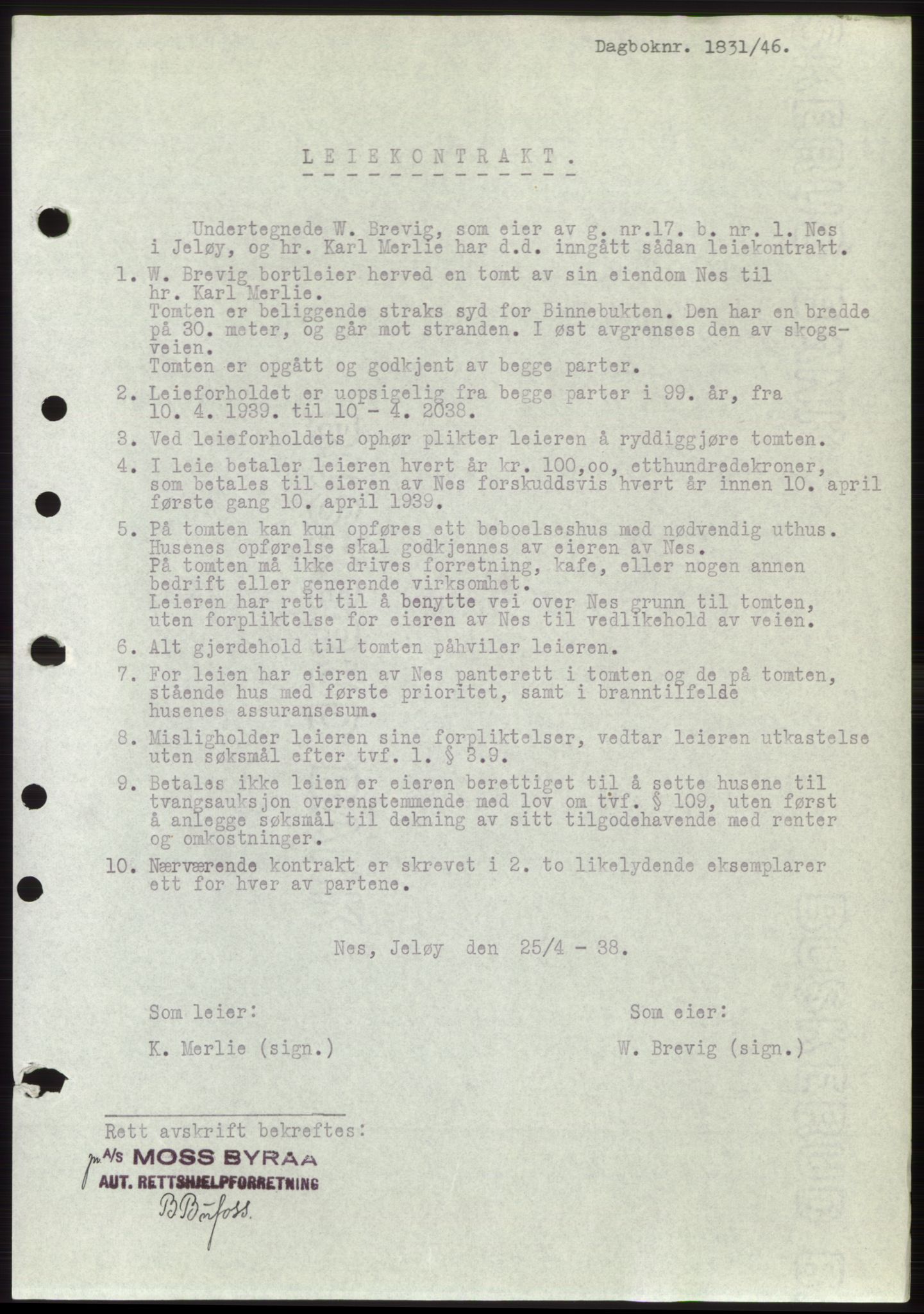 Moss sorenskriveri, SAO/A-10168: Pantebok nr. B15, 1946-1946, Dagboknr: 1831/1946