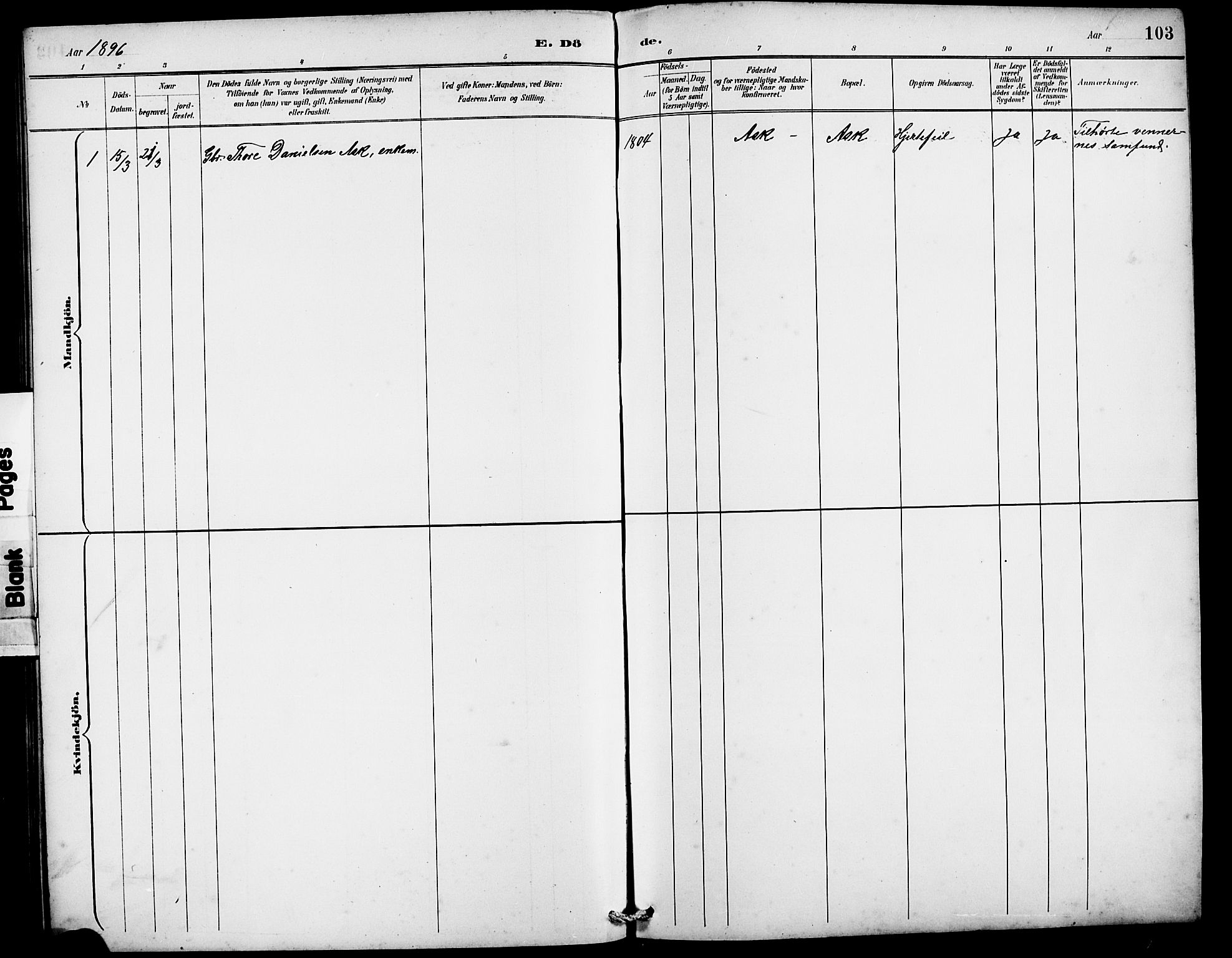 Rennesøy sokneprestkontor, SAST/A -101827/H/Ha/Hab/L0010: Klokkerbok nr. B 9, 1890-1918, s. 103