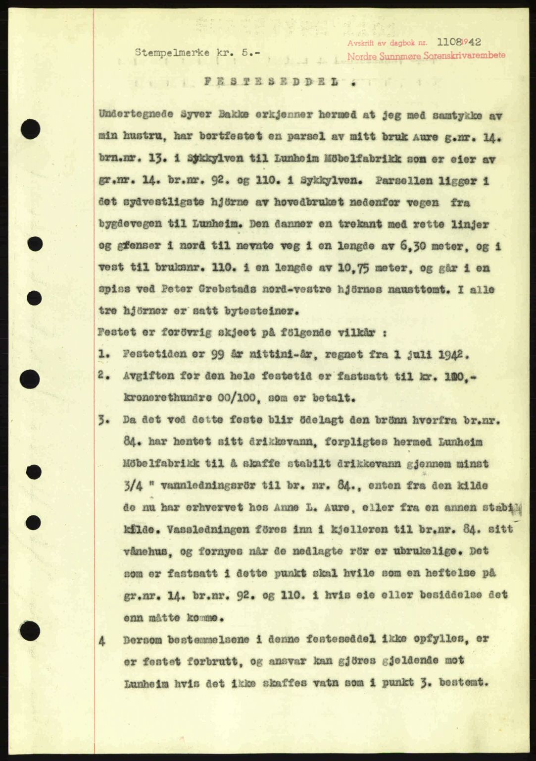 Nordre Sunnmøre sorenskriveri, SAT/A-0006/1/2/2C/2Ca: Pantebok nr. A14, 1942-1942, Dagboknr: 1108/1942