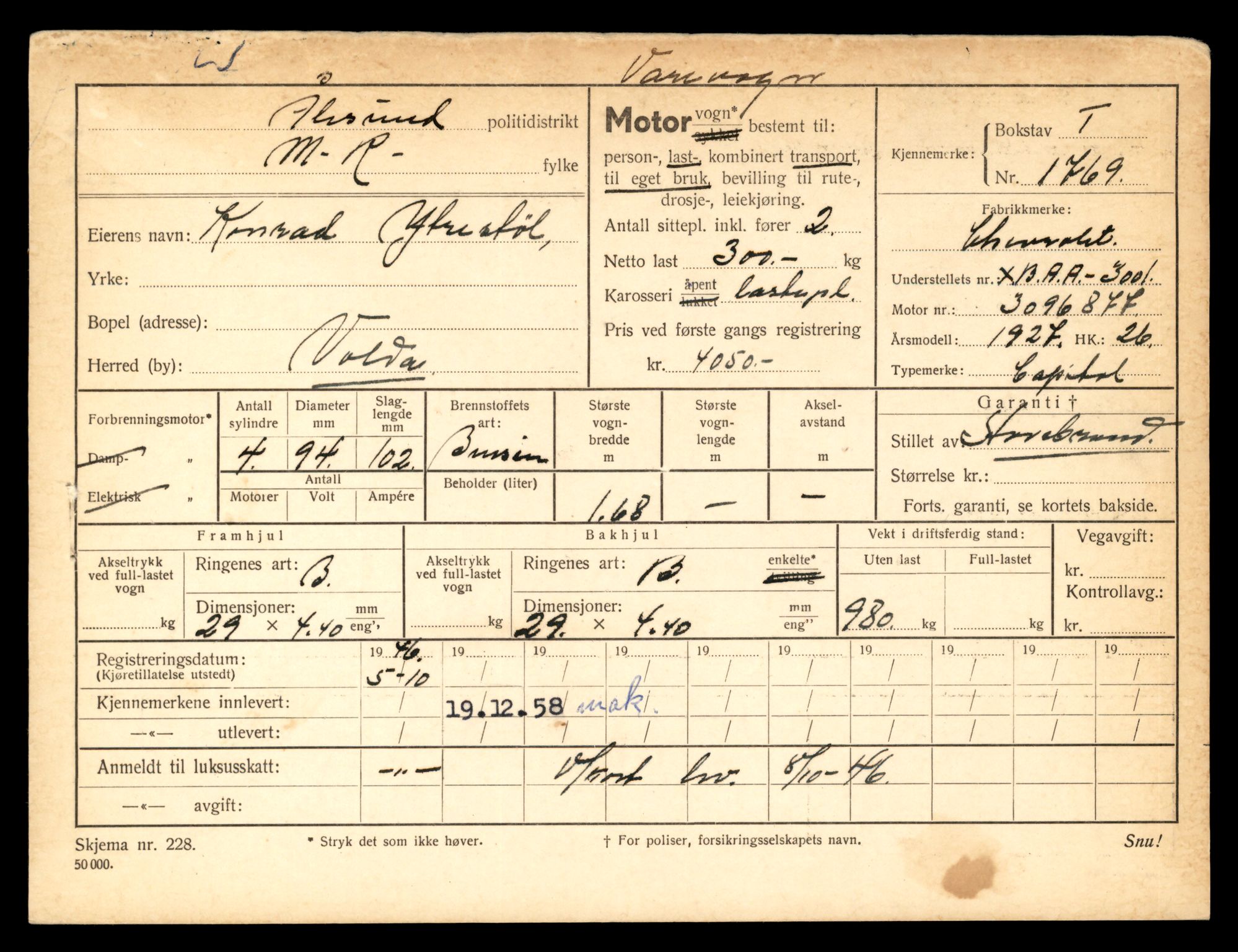 Møre og Romsdal vegkontor - Ålesund trafikkstasjon, SAT/A-4099/F/Fe/L0015: Registreringskort for kjøretøy T 1700 - T 1850, 1927-1998, s. 1458