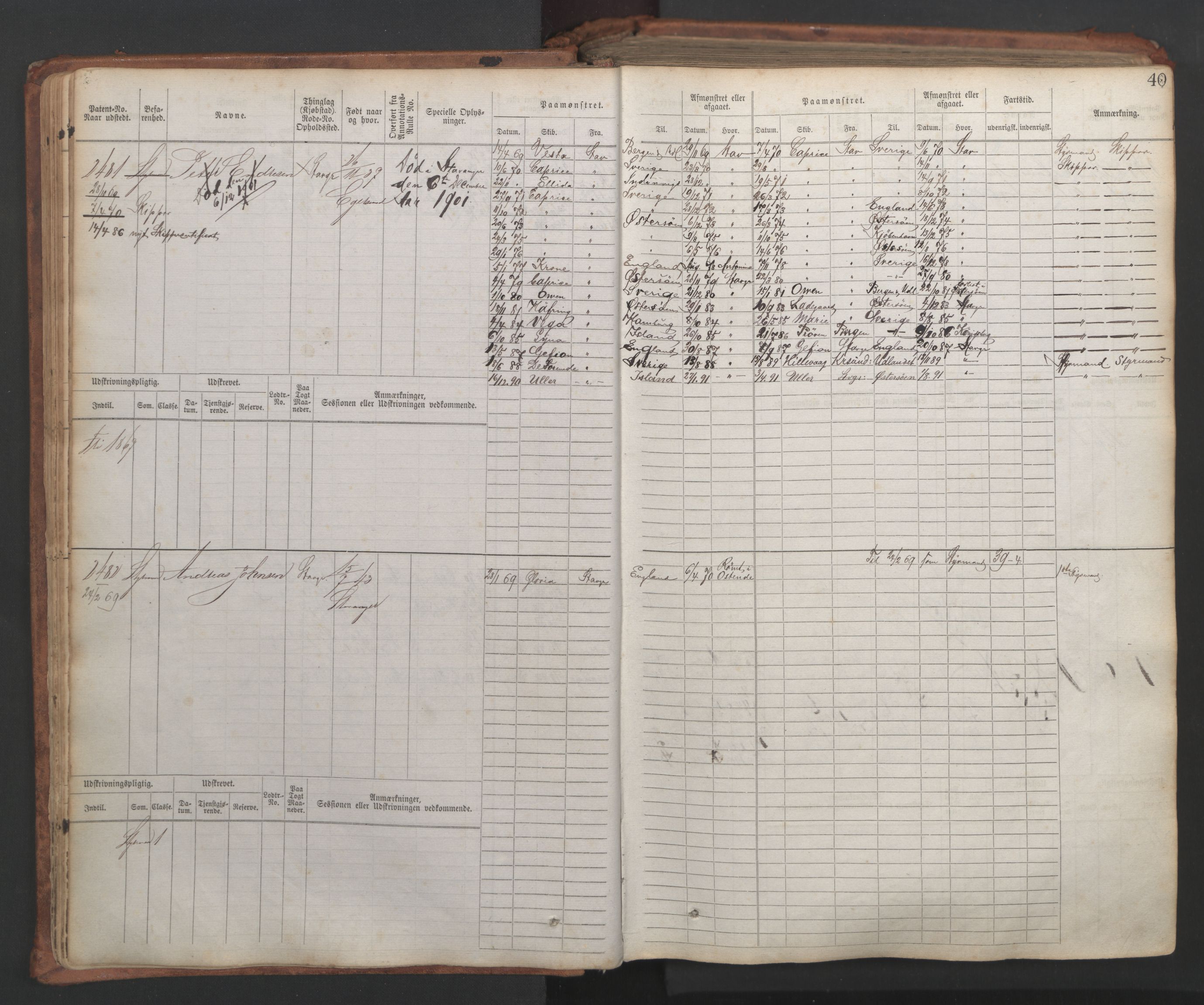 Stavanger sjømannskontor, AV/SAST-A-102006/F/Fb/Fbb/L0007: Sjøfartshovedrulle, patentnr. 2403-3604, 1869-1880, s. 45