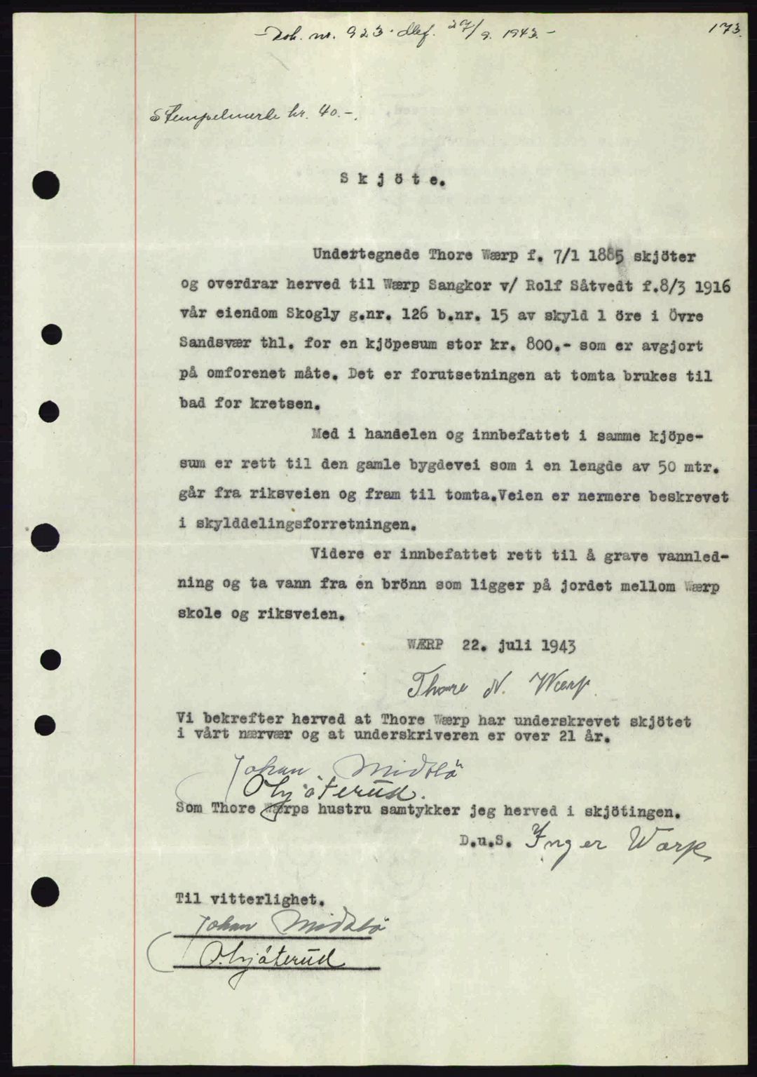Numedal og Sandsvær sorenskriveri, SAKO/A-128/G/Ga/Gaa/L0055: Pantebok nr. A7, 1943-1944, Dagboknr: 923/1943