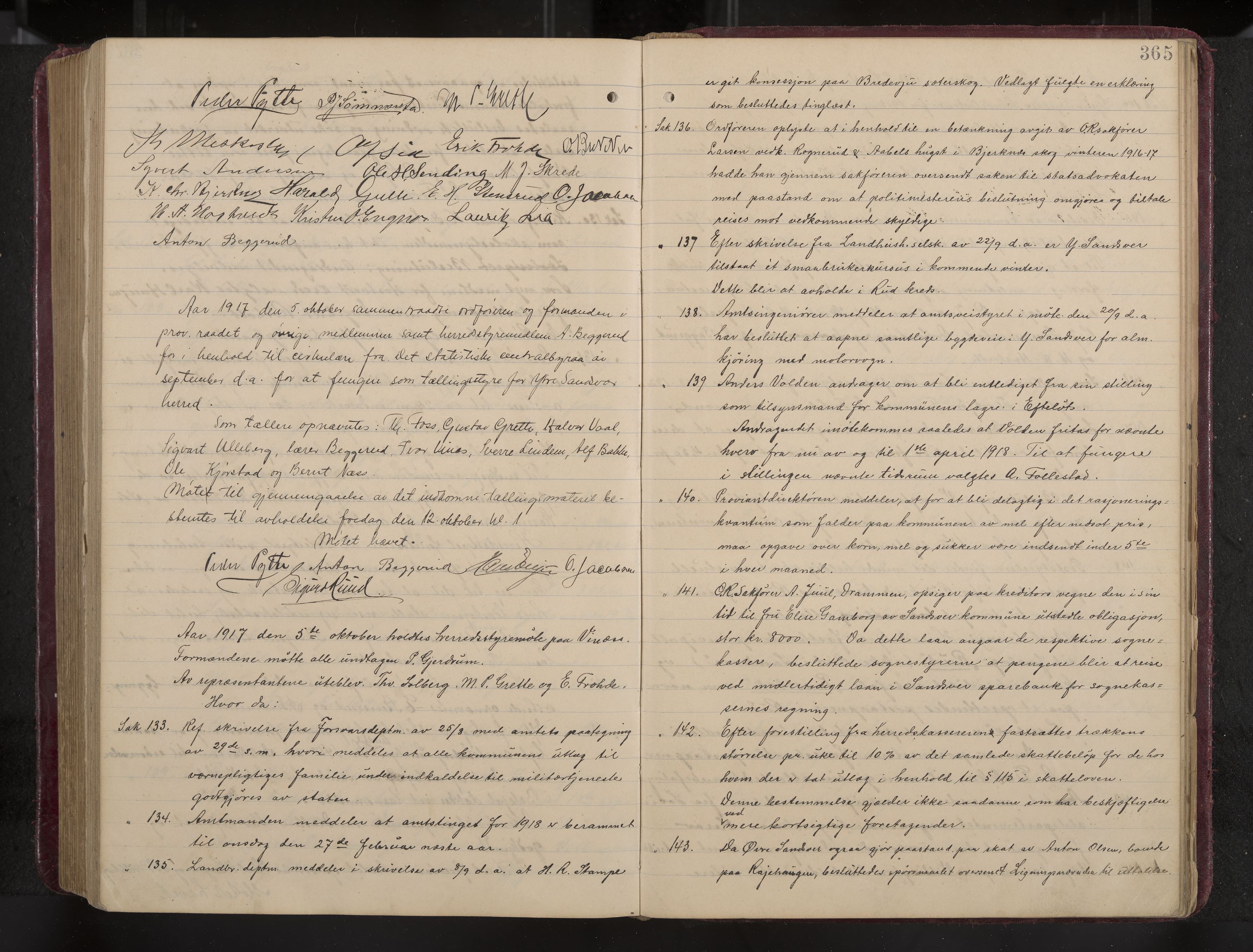 Ytre Sandsvær formannskap og sentraladministrasjon, IKAK/0629021/A/Aa/L0001: Møtebok med register, 1902-1919, s. 365