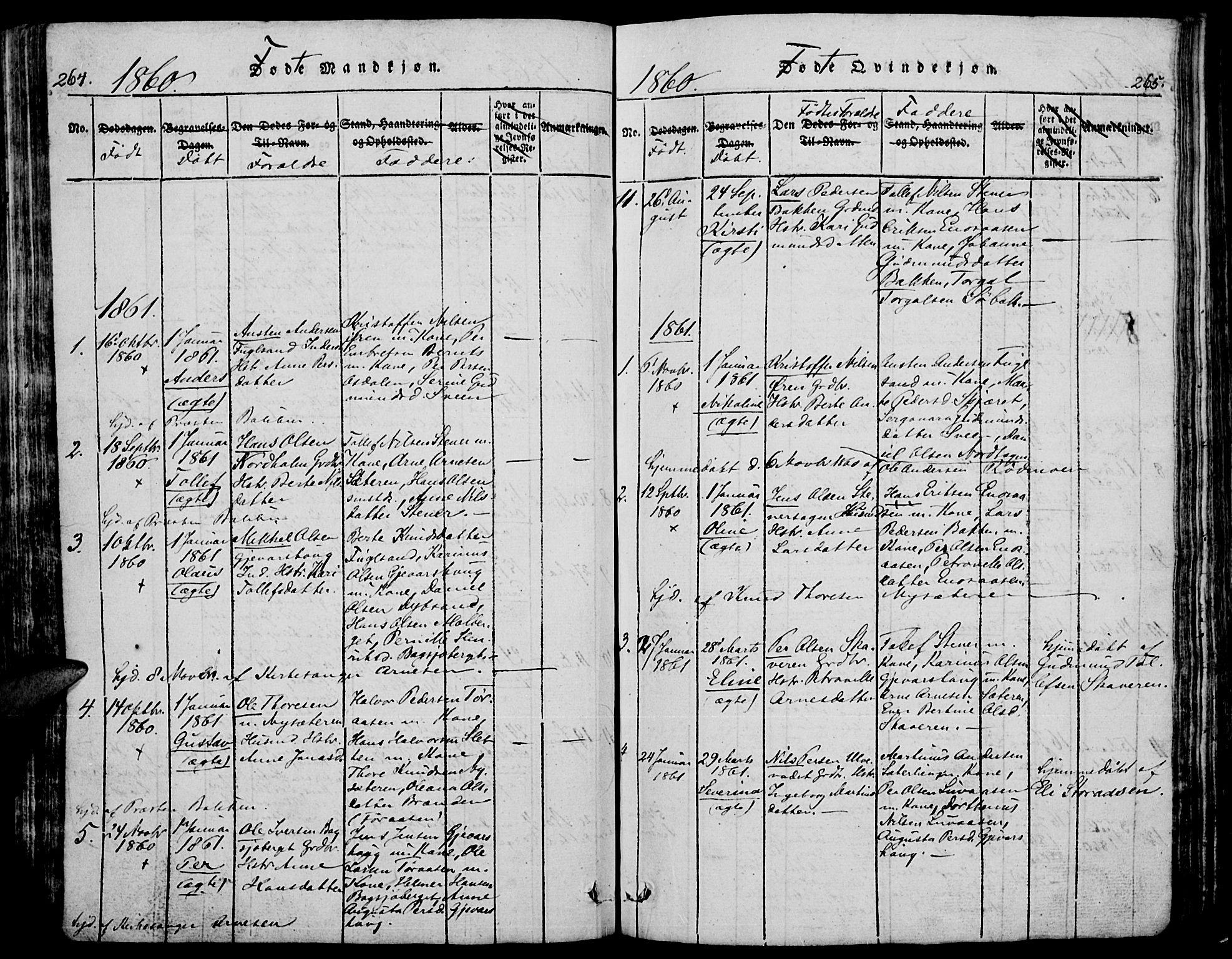 Trysil prestekontor, SAH/PREST-046/H/Ha/Hab/L0005: Klokkerbok nr. 5, 1814-1877, s. 264-265