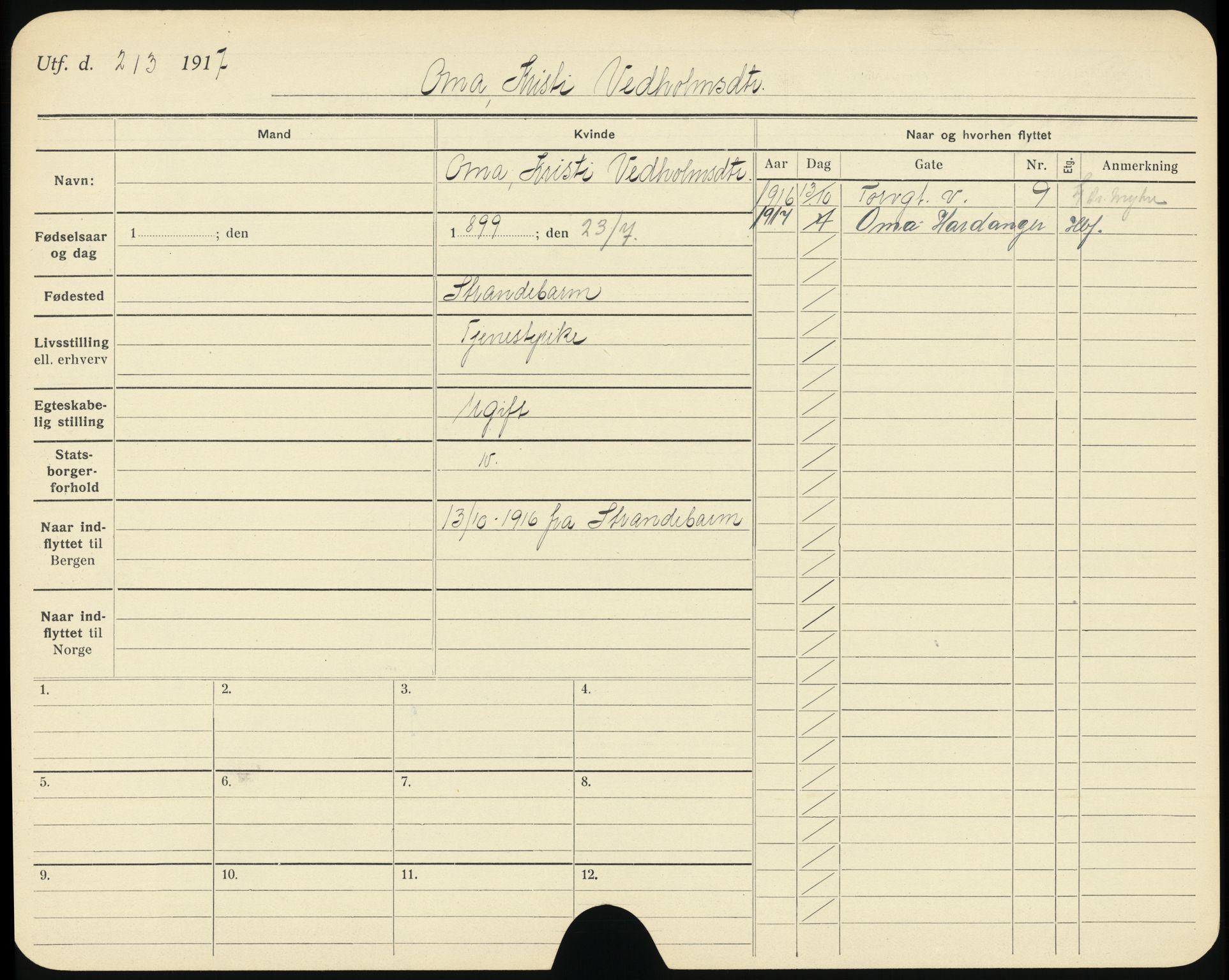 Bergen folkeregister, AV/SAB-A-17201/I/Ia/L0024: Utflyttet 1912 - 1920, Olsen, K. - Pedersen, K., 1912-1920