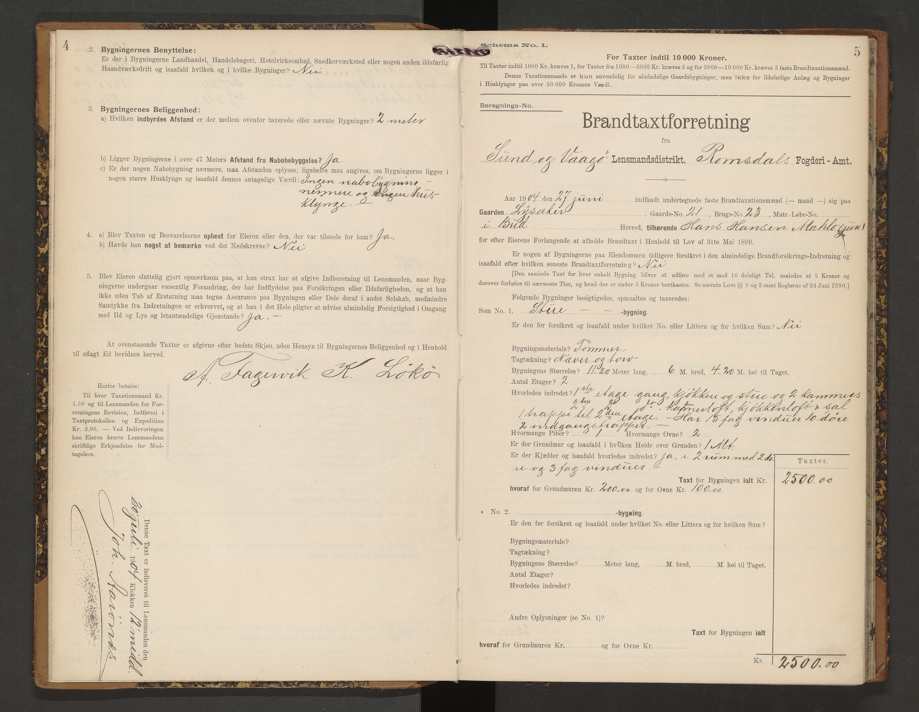 Norges Brannkasse Vågøy og Sund, AV/SAT-A-5504/Fb/L0002: Branntakstprotokoll, 1904-1913, s. 4-5
