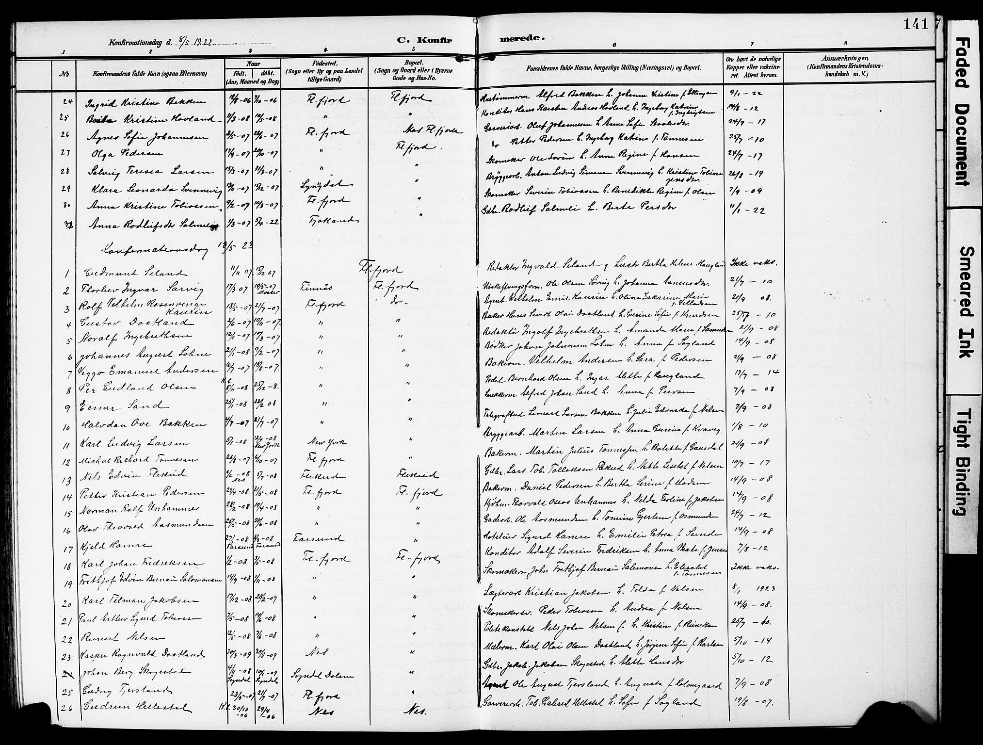 Flekkefjord sokneprestkontor, SAK/1111-0012/F/Fb/Fba/L0001: Klokkerbok nr. B 1, 1903-1931, s. 141