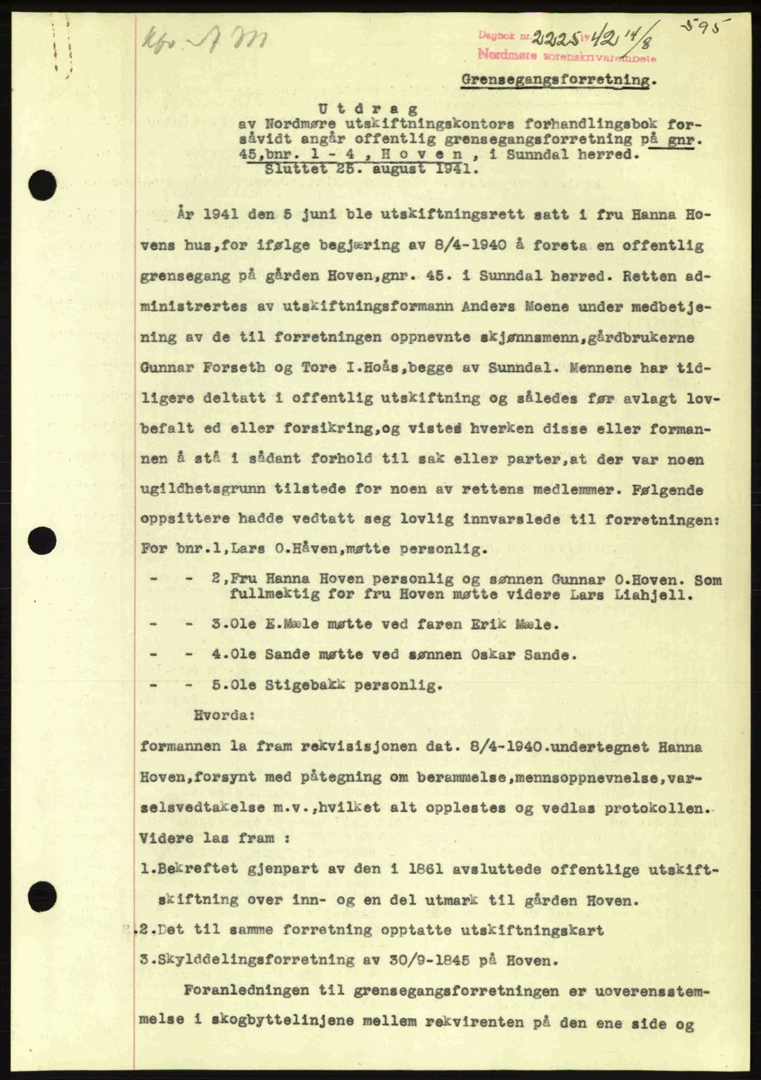 Nordmøre sorenskriveri, SAT/A-4132/1/2/2Ca: Pantebok nr. A93, 1942-1942, Dagboknr: 2225/1942