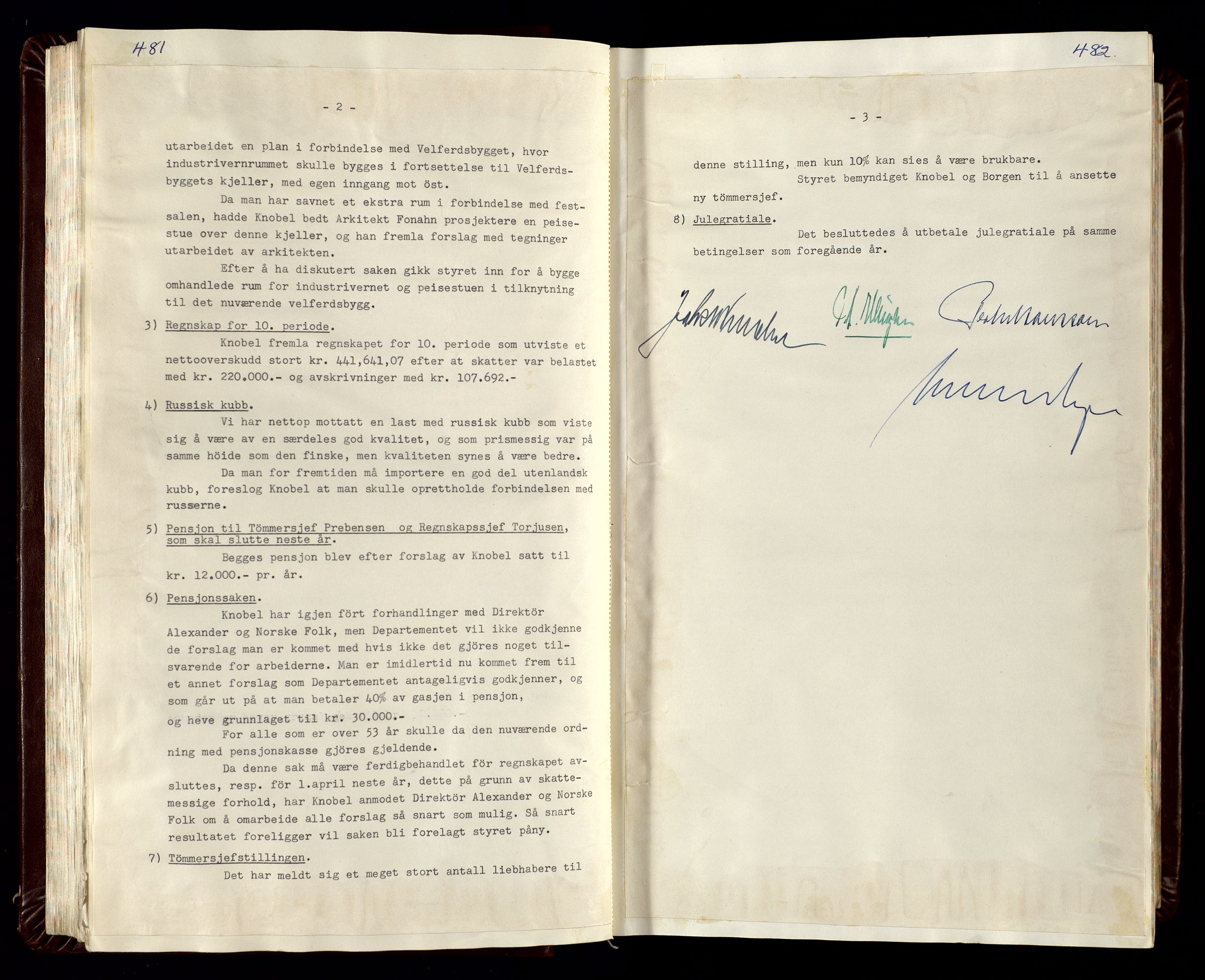 Hunsfos fabrikker, SAK/D/1440/02/L0007: Referatprotokoll fra styremøter (møte nr 114-221), 1951-1964, s. 481-482