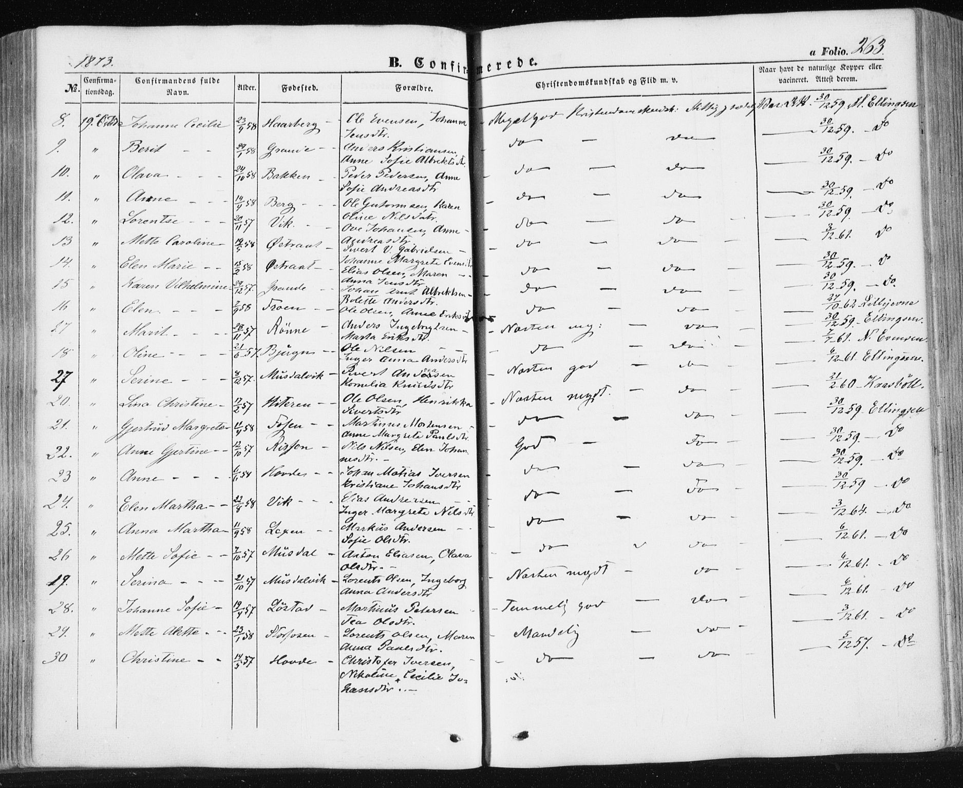 Ministerialprotokoller, klokkerbøker og fødselsregistre - Sør-Trøndelag, SAT/A-1456/659/L0737: Ministerialbok nr. 659A07, 1857-1875, s. 263