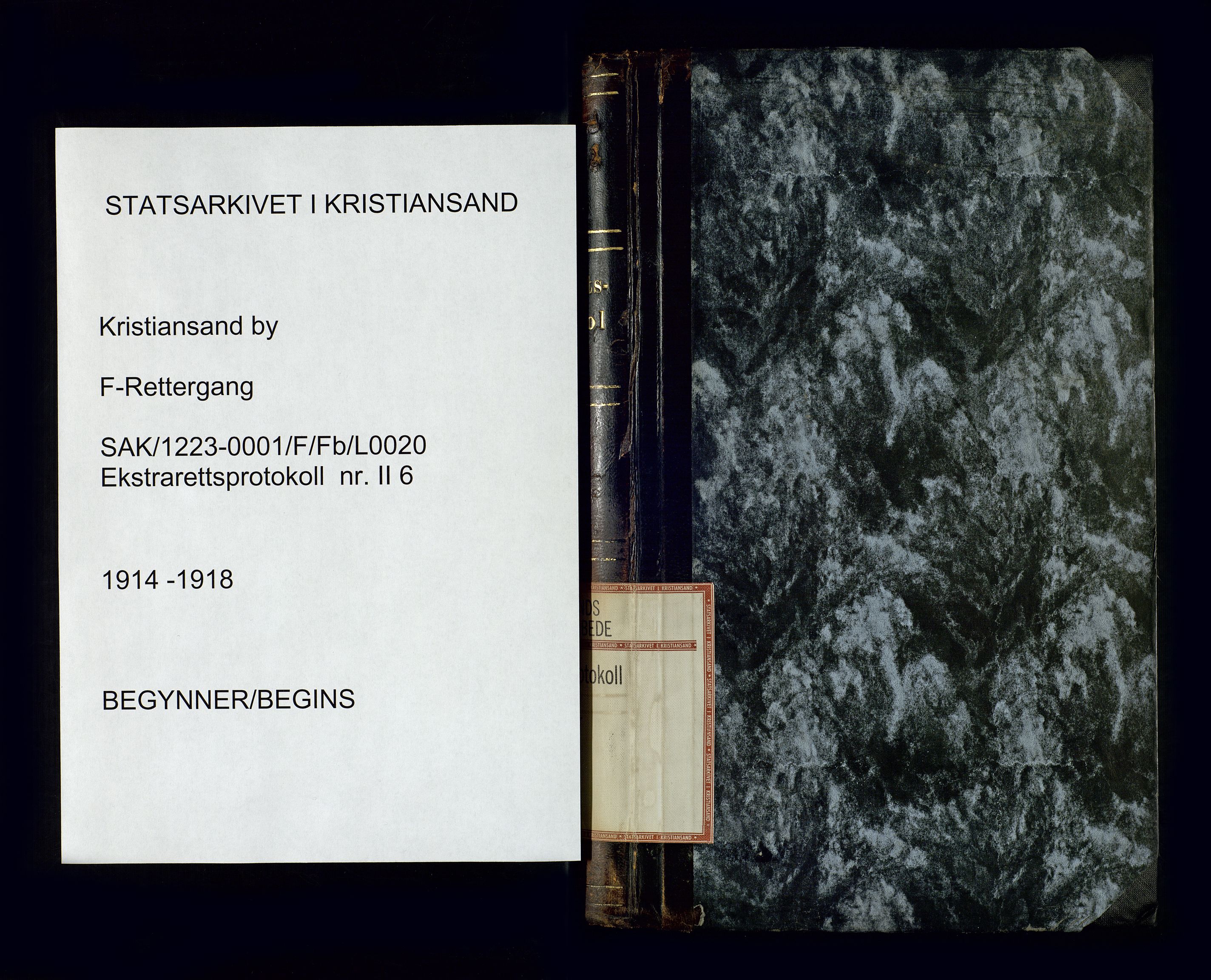 Kristiansand byrett, SAK/1223-0001/F/Fb/L0020: Ekstrarettsprotokoll nr. 6 serie II med register, 1914-1918