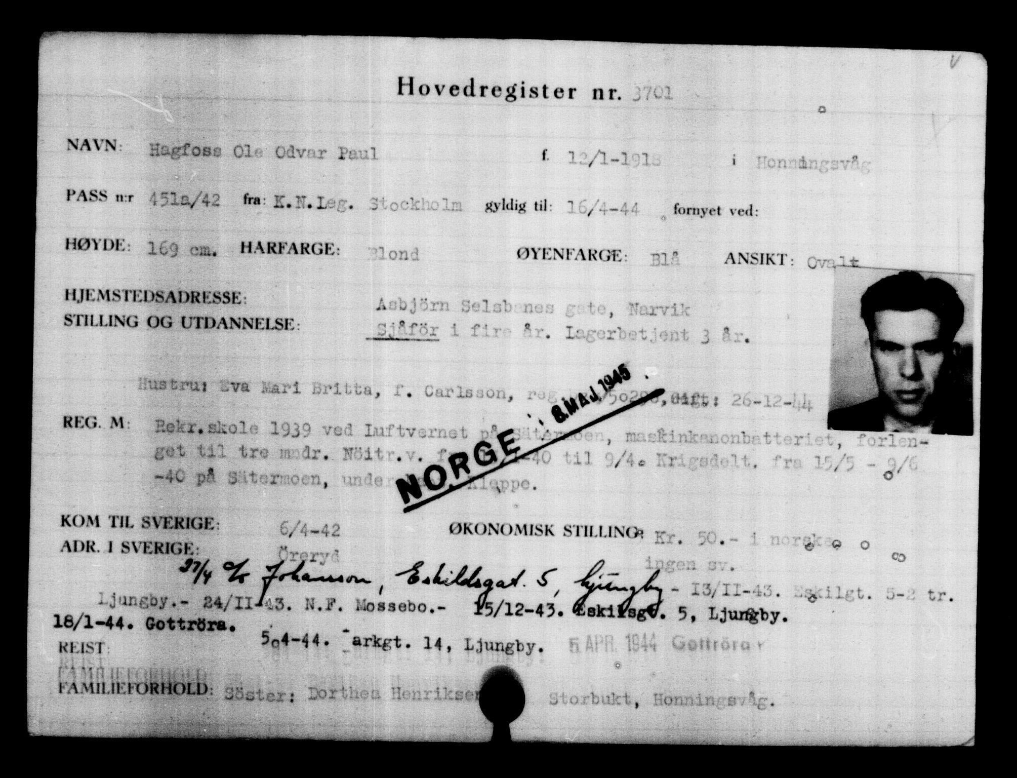Utenriksstasjonene, Legasjonen i Stockholm, Flyktningkontoret, AV/RA-S-6753/V/Va/L0004: Kjesäterkartoteket, flyktninger med registreringsnr. 3496-6610, 1940-1945, s. 239