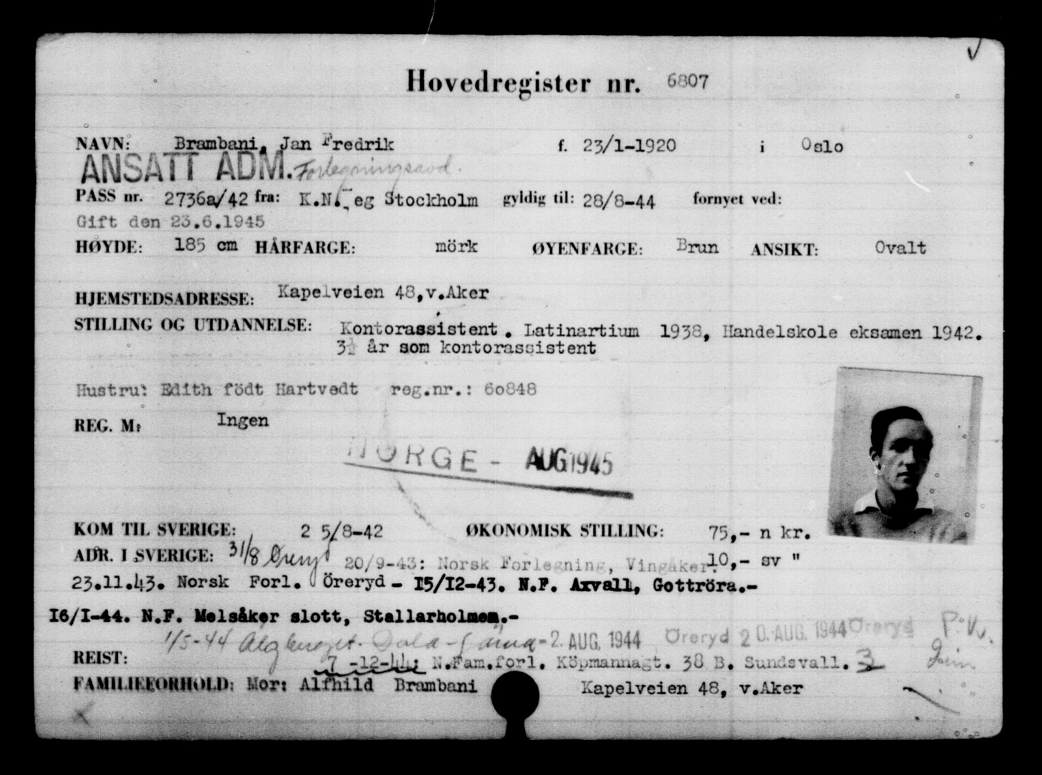 Utenriksstasjonene, Legasjonen i Stockholm, Flyktningkontoret, AV/RA-S-6753/V/Va/L0005: Kjesäterkartoteket, flyktning nr. 6600-9417, 1940-1945, s. 251