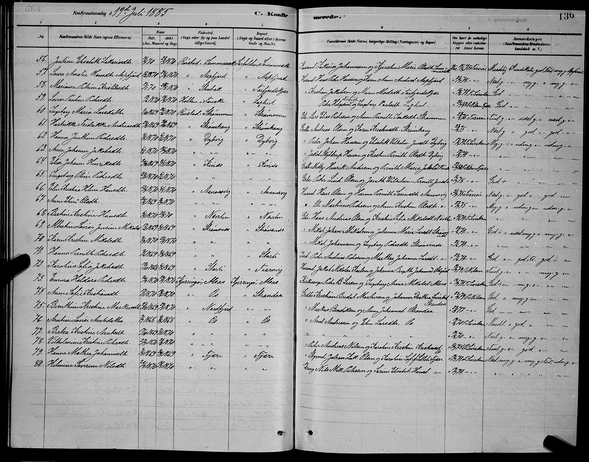 Ministerialprotokoller, klokkerbøker og fødselsregistre - Nordland, AV/SAT-A-1459/853/L0776: Klokkerbok nr. 853C04, 1878-1889, s. 136