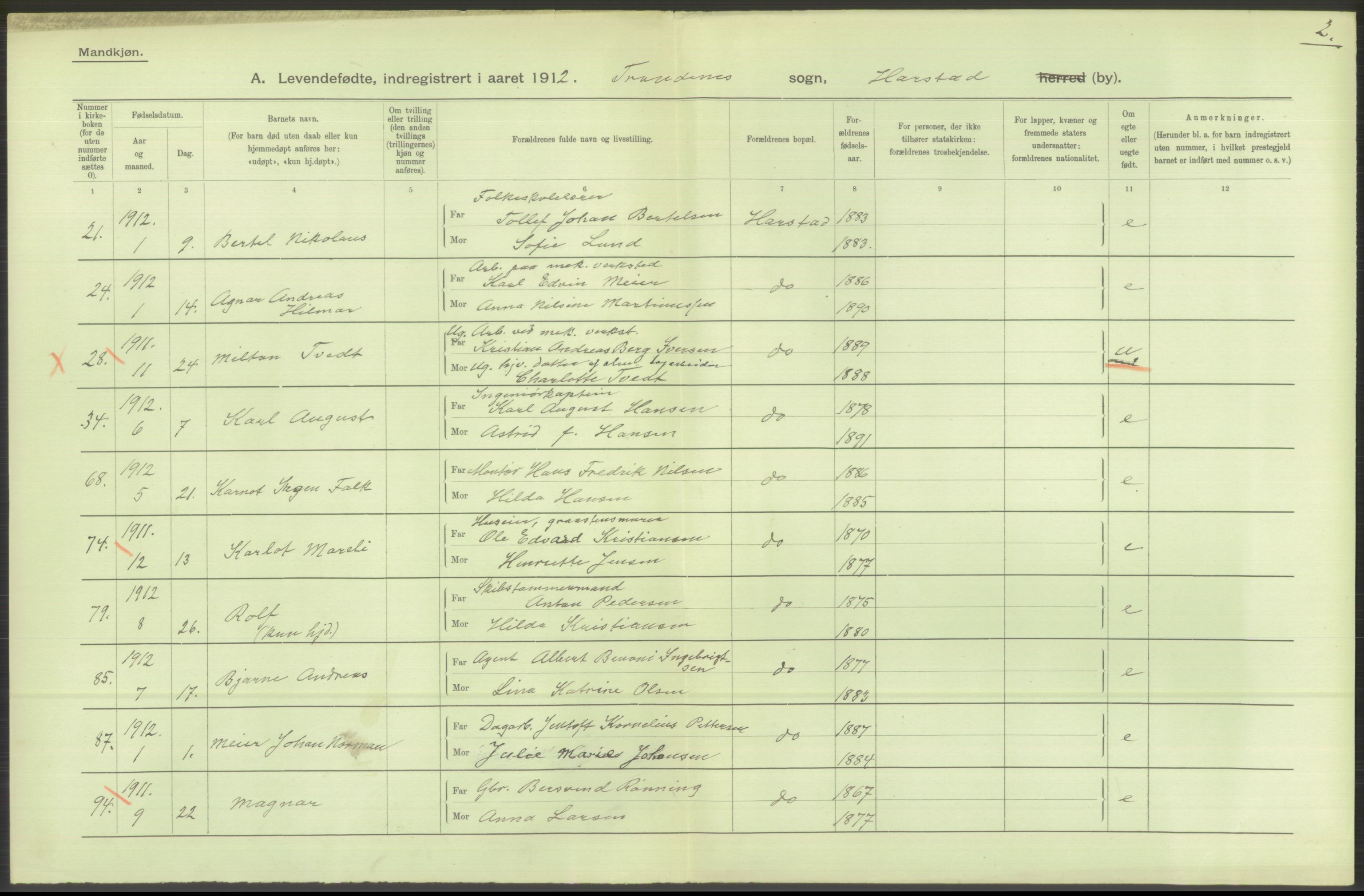 Statistisk sentralbyrå, Sosiodemografiske emner, Befolkning, AV/RA-S-2228/D/Df/Dfb/Dfbb/L0049: Tromsø amt: Levendefødte menn og kvinner. Bygder og byer., 1912, s. 30