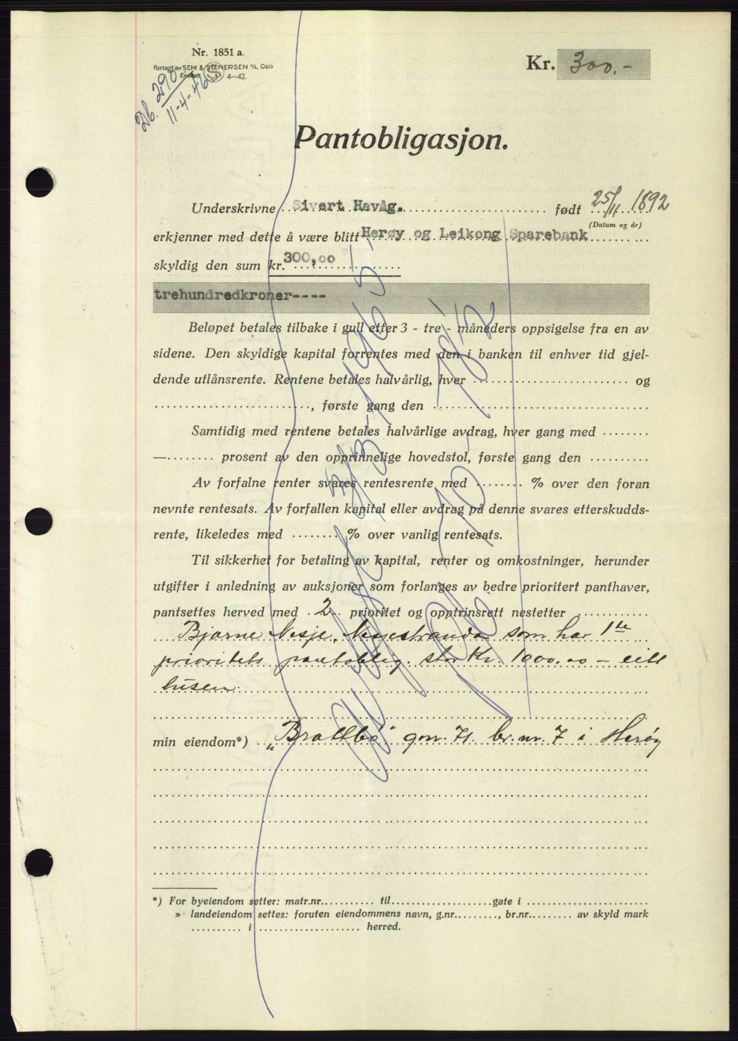 Søre Sunnmøre sorenskriveri, AV/SAT-A-4122/1/2/2C/L0114: Pantebok nr. 1-2B, 1943-1947, Dagboknr: 290/1946