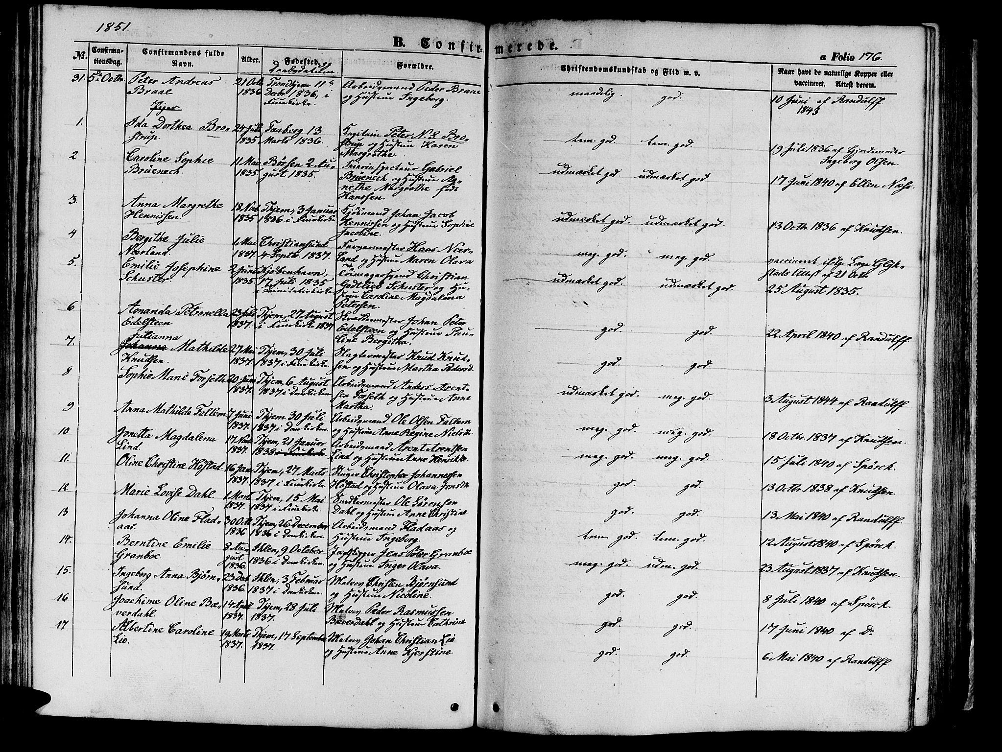 Ministerialprotokoller, klokkerbøker og fødselsregistre - Sør-Trøndelag, SAT/A-1456/602/L0137: Klokkerbok nr. 602C05, 1846-1856, s. 176