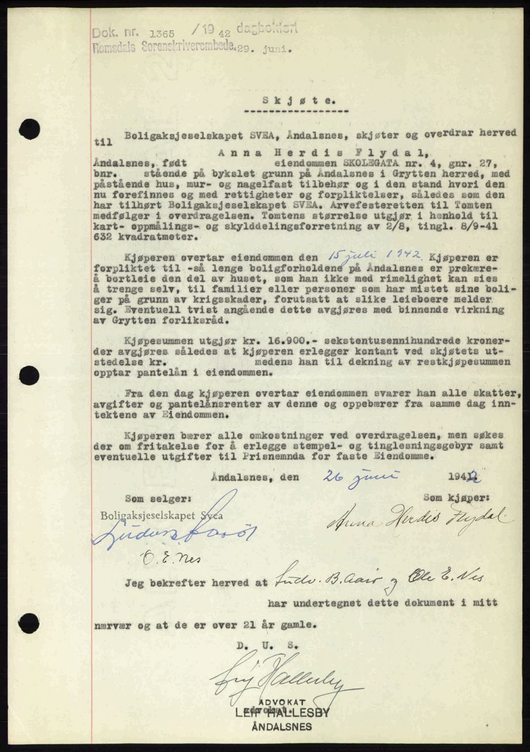 Romsdal sorenskriveri, SAT/A-4149/1/2/2C: Pantebok nr. A12, 1942-1942, Dagboknr: 1365/1942