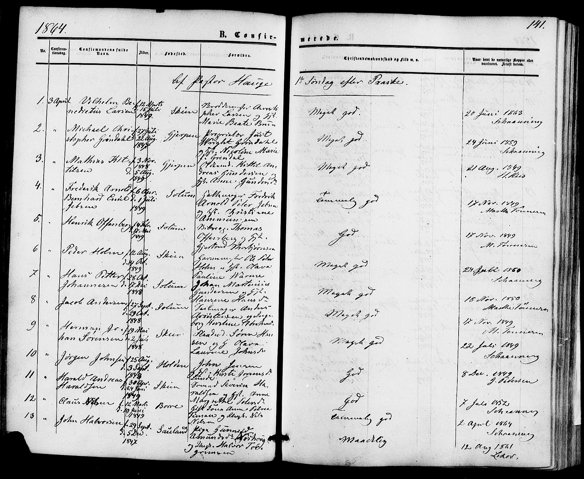 Skien kirkebøker, AV/SAKO-A-302/F/Fa/L0007: Ministerialbok nr. 7, 1856-1865, s. 141