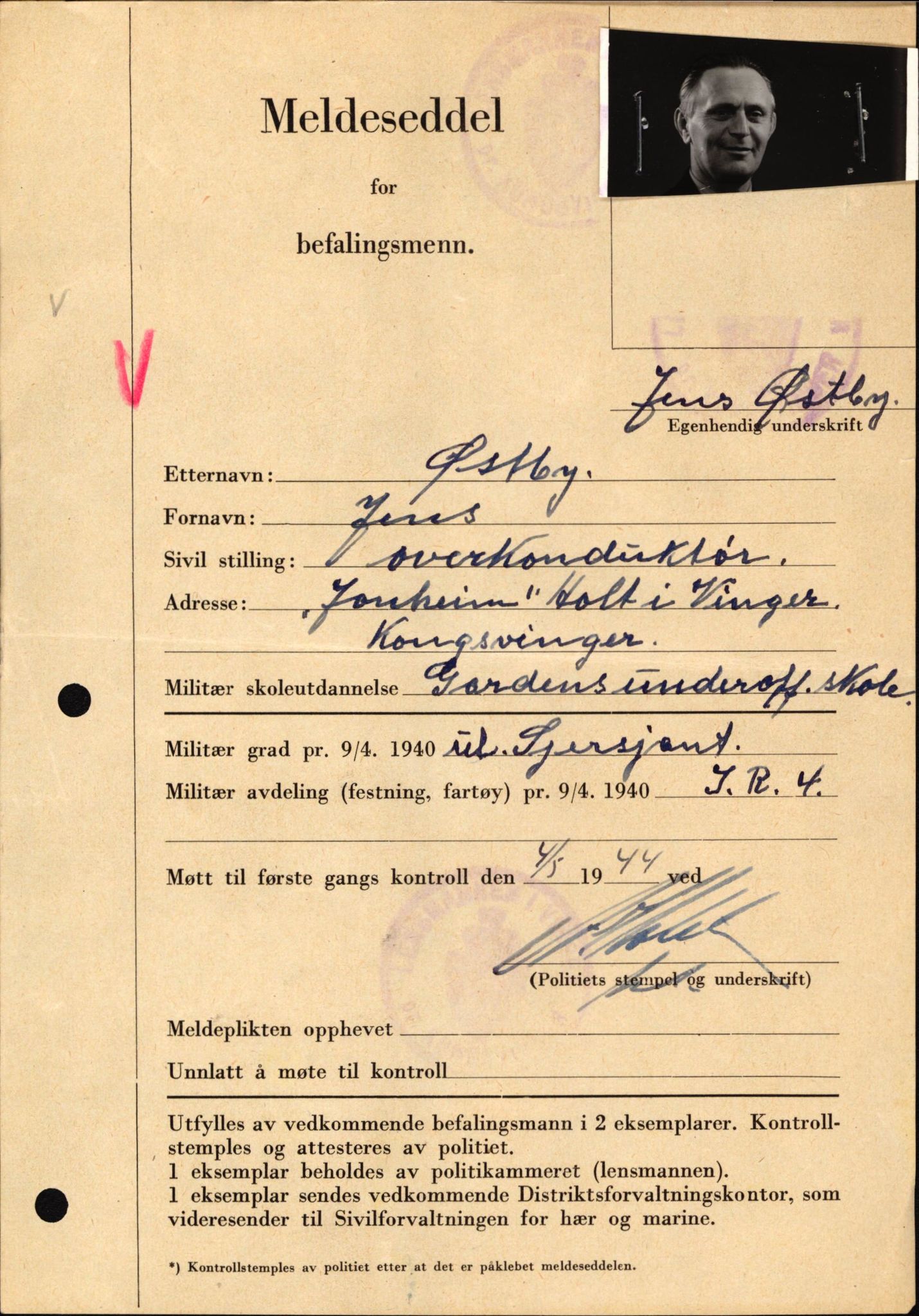 Forsvaret, Forsvarets krigshistoriske avdeling, AV/RA-RAFA-2017/Y/Yf/L0209: II-C-11-2121  -  Okkupasjonstiden.  Meldesedler for befal med foto og oppl. om militær grad 9. apr. 1940., 1944-1945, s. 1326