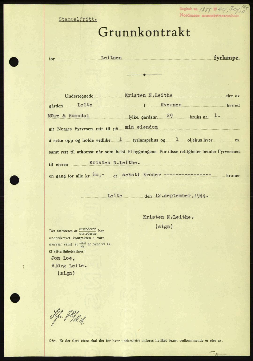 Nordmøre sorenskriveri, AV/SAT-A-4132/1/2/2Ca: Pantebok nr. B92, 1944-1945, Dagboknr: 1855/1944