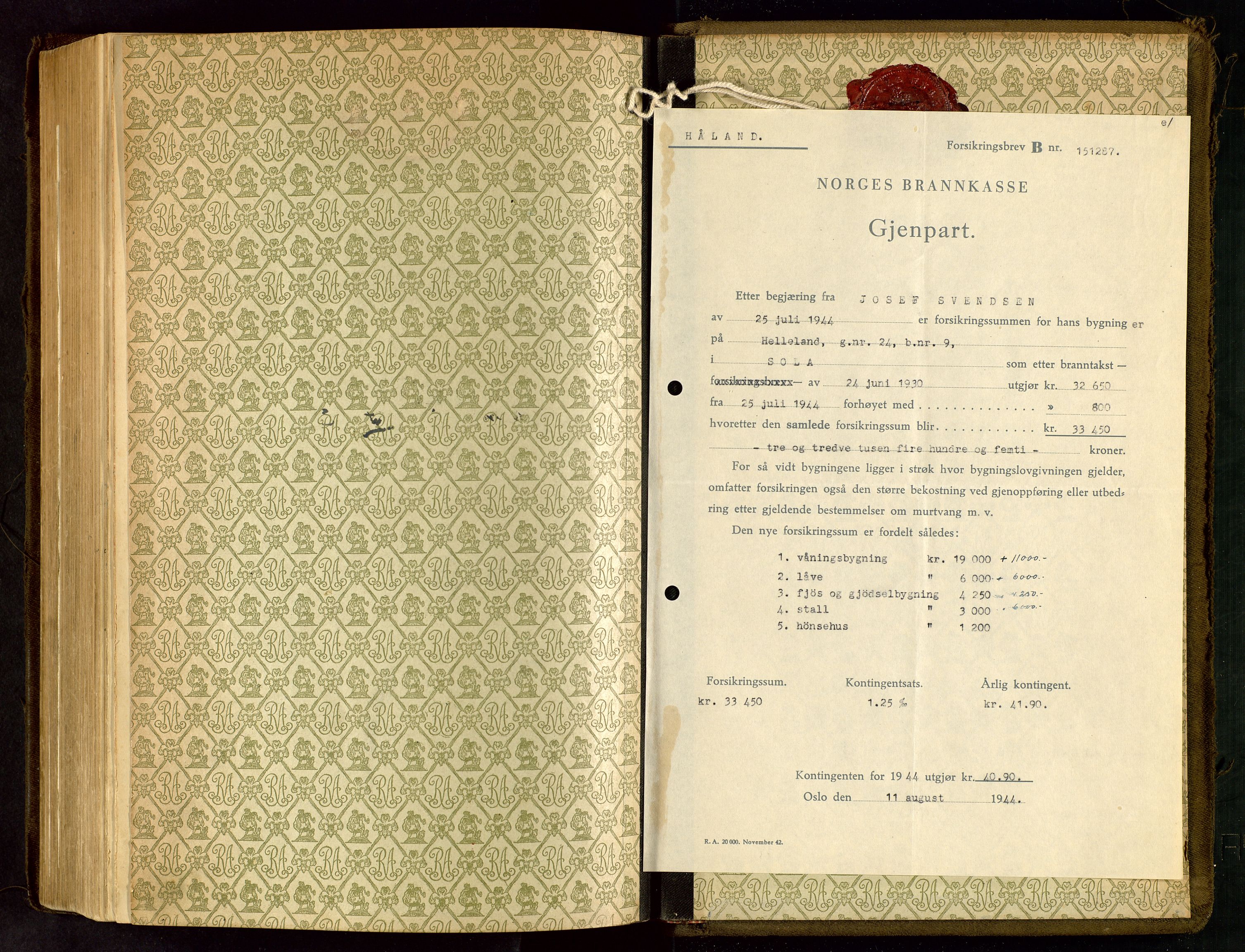 Håland lensmannskontor, SAST/A-100100/Go/L0005: "Brandtakstprotokoll"  Register i boken., 1929-1948