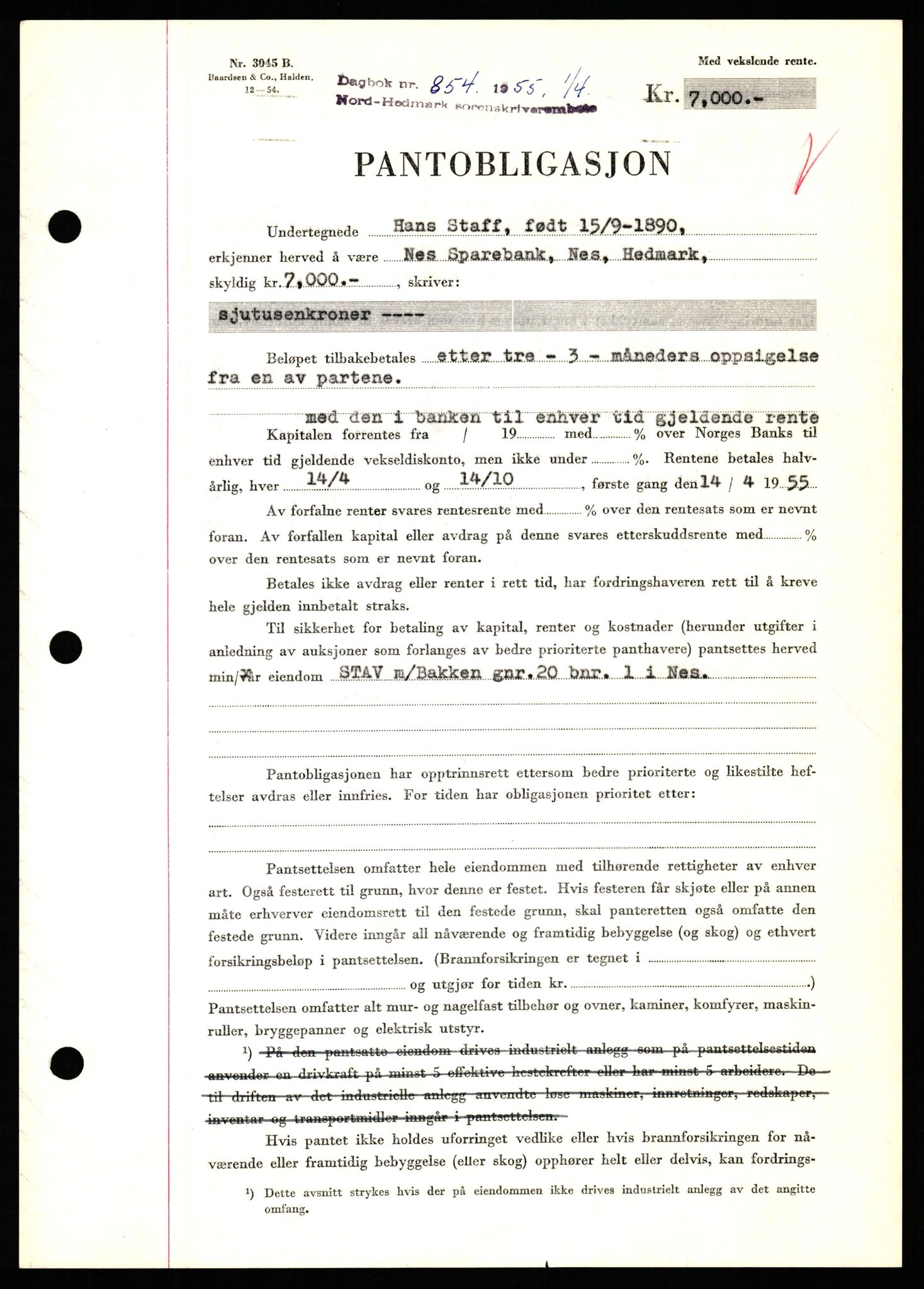Nord-Hedmark sorenskriveri, SAH/TING-012/H/Hb/Hbf/L0032: Pantebok nr. B32, 1955-1955, Dagboknr: 854/1952