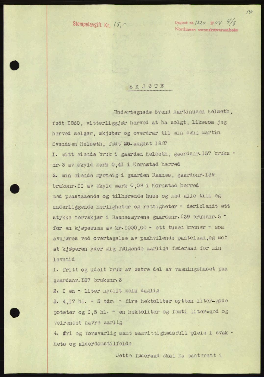 Nordmøre sorenskriveri, SAT/A-4132/1/2/2Ca: Pantebok nr. A98, 1944-1944, Dagboknr: 1320/1944