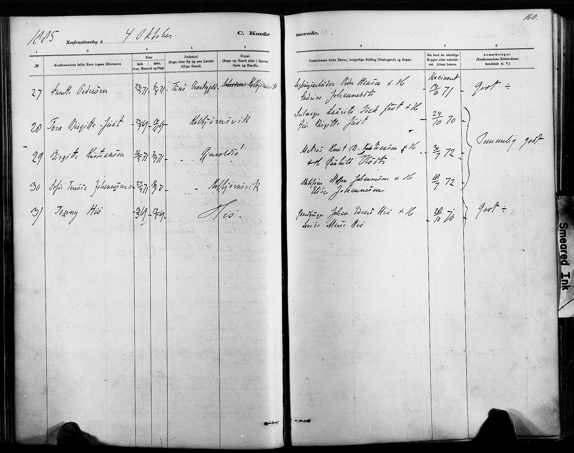 Hisøy sokneprestkontor, AV/SAK-1111-0020/F/Fa/L0003: Ministerialbok nr. A 3, 1881-1894, s. 160