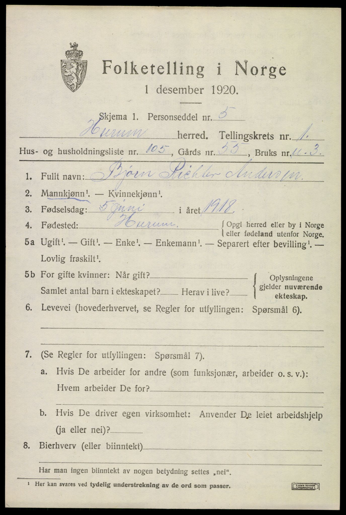 SAKO, Folketelling 1920 for 0628 Hurum herred, 1920, s. 3120