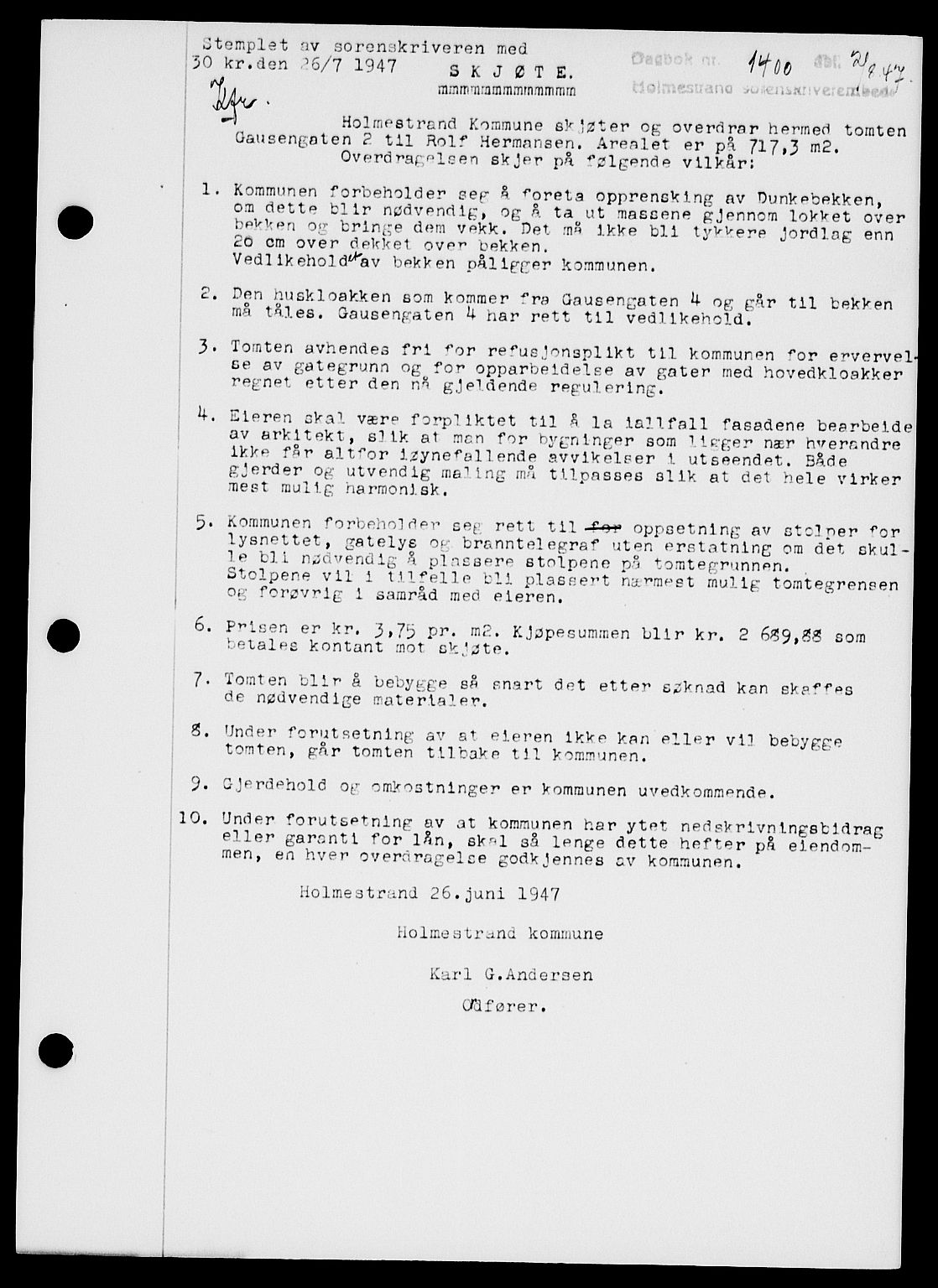 Holmestrand sorenskriveri, SAKO/A-67/G/Ga/Gaa/L0062: Pantebok nr. A-62, 1947-1947, Dagboknr: 1400/1947