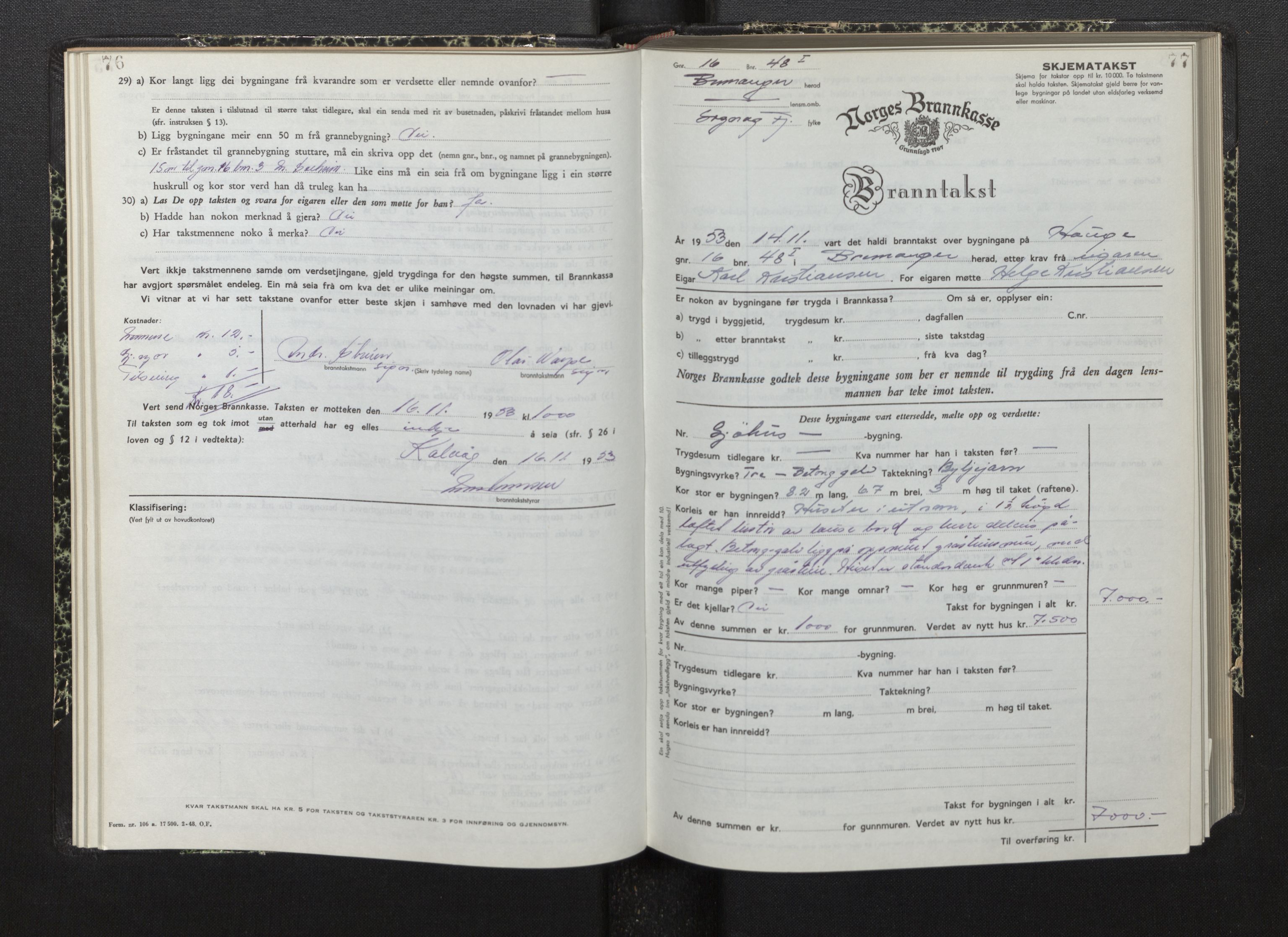 Lensmannen i Bremanger, AV/SAB-A-26701/0012/L0010: Branntakstprotokoll, skjematakst, 1950-1955, s. 76-77