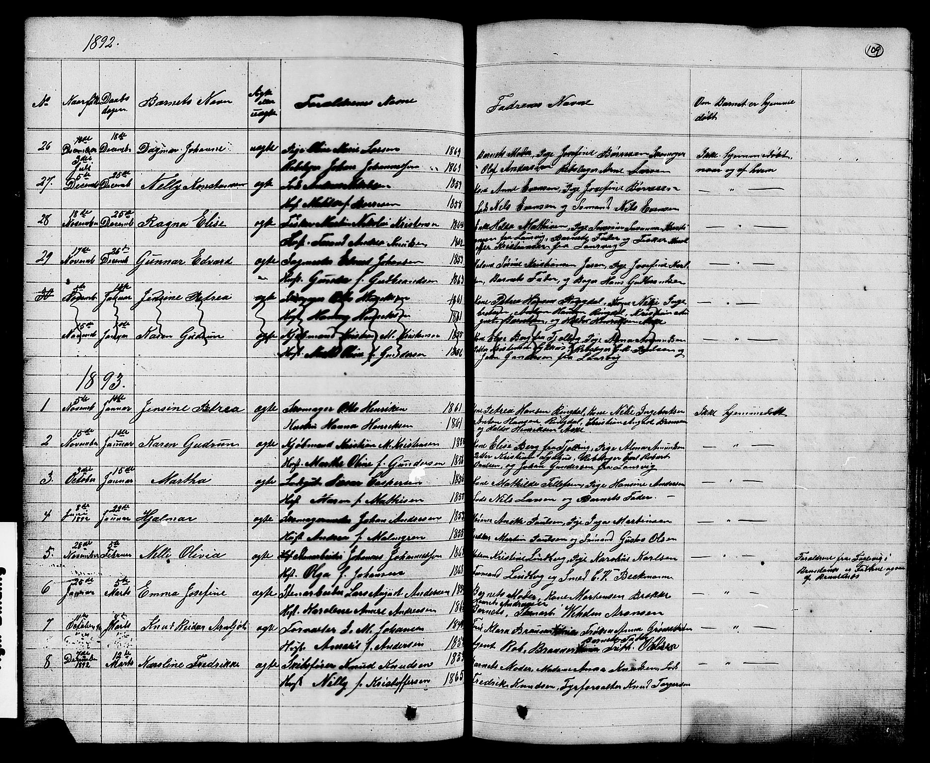 Stavern kirkebøker, AV/SAKO-A-318/G/Ga/L0002: Klokkerbok nr. 2, 1839-1909, s. 109