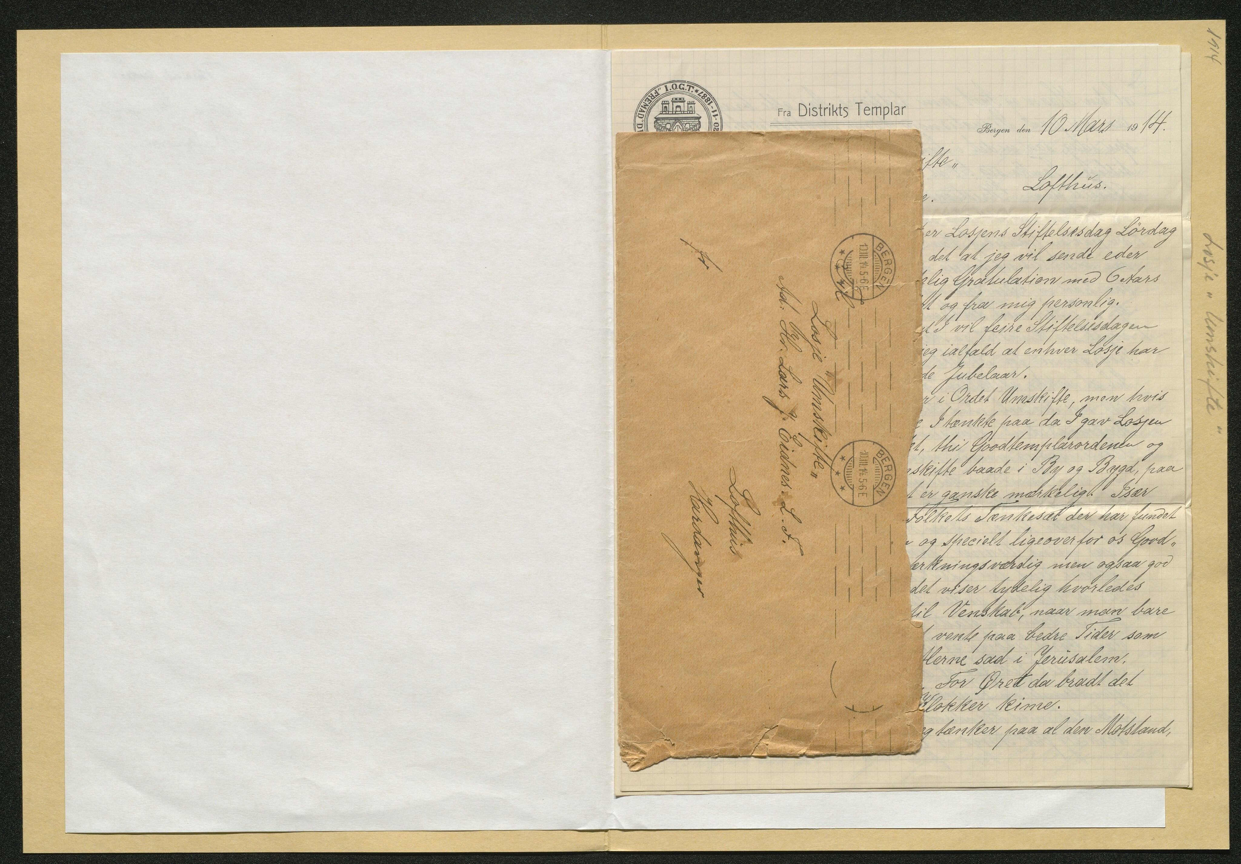 Ymse brevsamlingar m.m., IKAH/1231b-Pa0002/D/Da/L0001/0004: Korrespondanse / Brev til Losje ”Umskifte” frå Distrikts Templar, 1914
