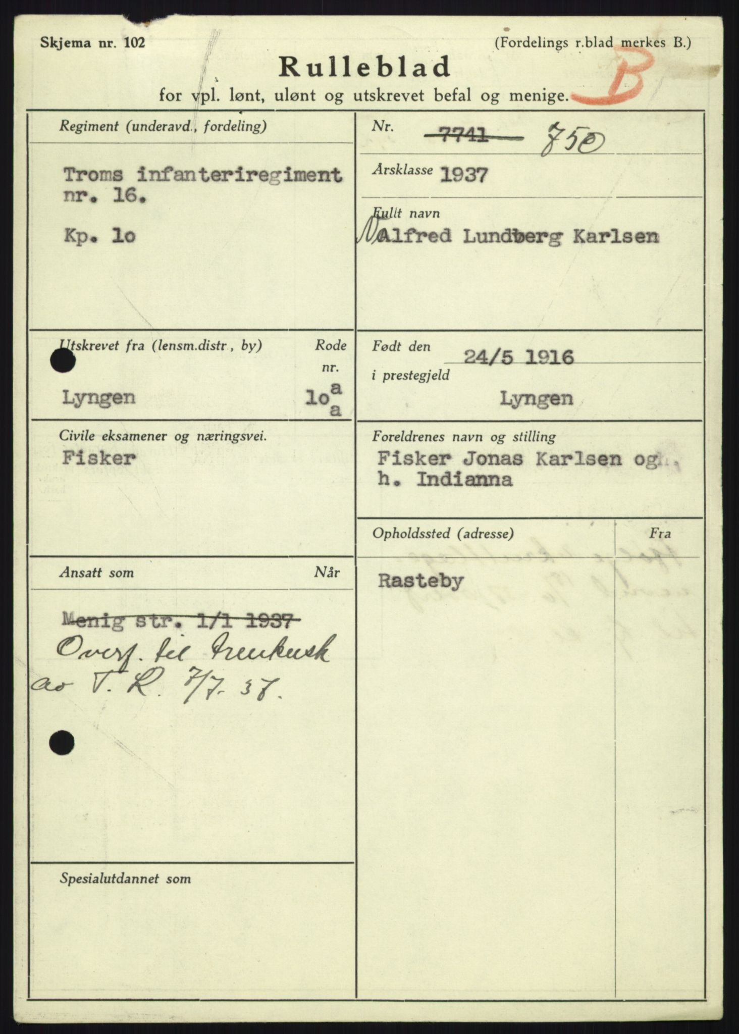 Forsvaret, Troms infanteriregiment nr. 16, AV/RA-RAFA-3146/P/Pa/L0021: Rulleblad for regimentets menige mannskaper, årsklasse 1937, 1937, s. 599