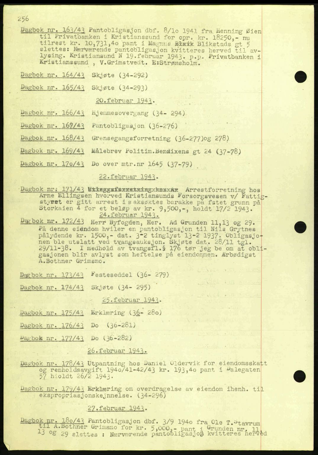 Kristiansund byfogd, SAT/A-4587/A/27: Pantebok nr. 32a, 1938-1946, Dagboknr: 163/1943