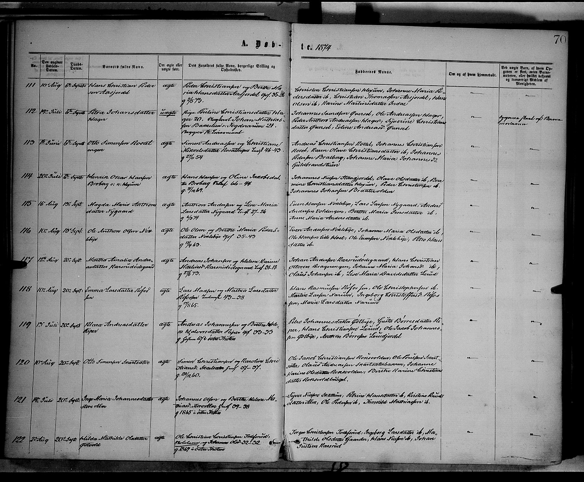 Vestre Toten prestekontor, AV/SAH-PREST-108/H/Ha/Haa/L0008: Ministerialbok nr. 8, 1870-1877, s. 70