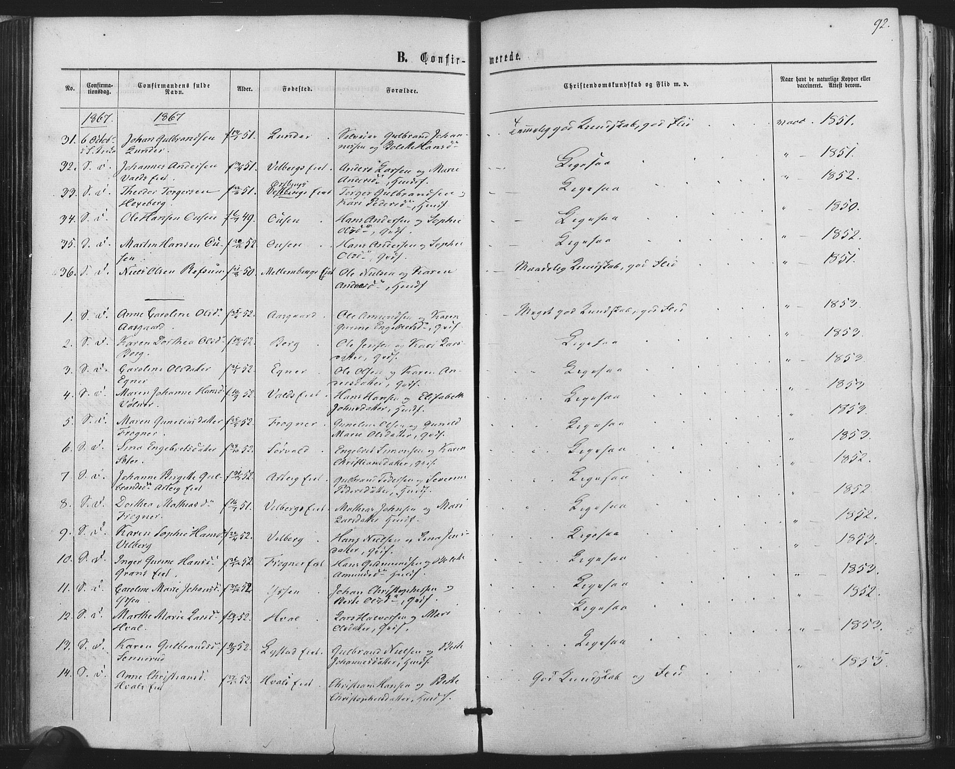 Sørum prestekontor Kirkebøker, SAO/A-10303/F/Fa/L0006: Ministerialbok nr. I 6, 1864-1877, s. 92