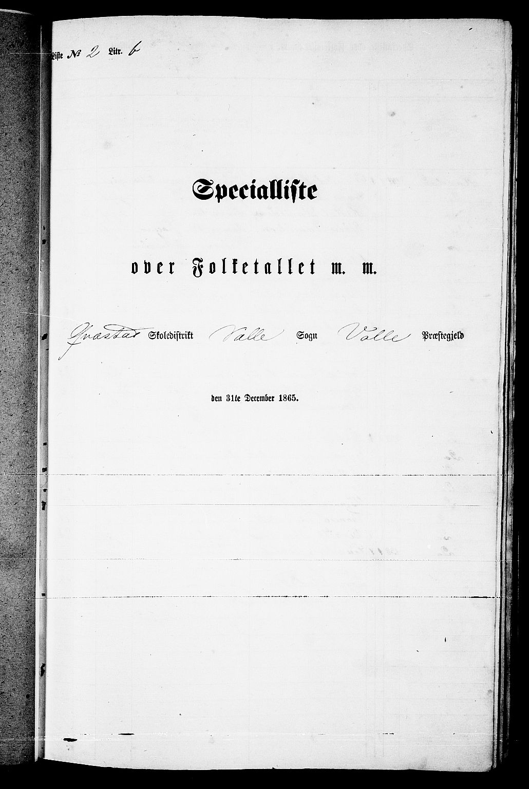 RA, Folketelling 1865 for 0940P Valle prestegjeld, 1865, s. 38