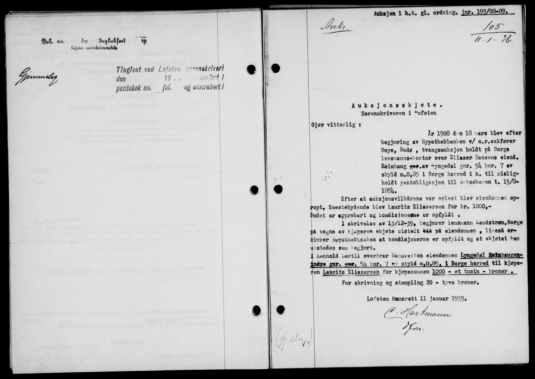 Lofoten sorenskriveri, SAT/A-0017/1/2/2C/L0033b: Pantebok nr. 33b, 1936-1936, Dagboknr: 105/1936