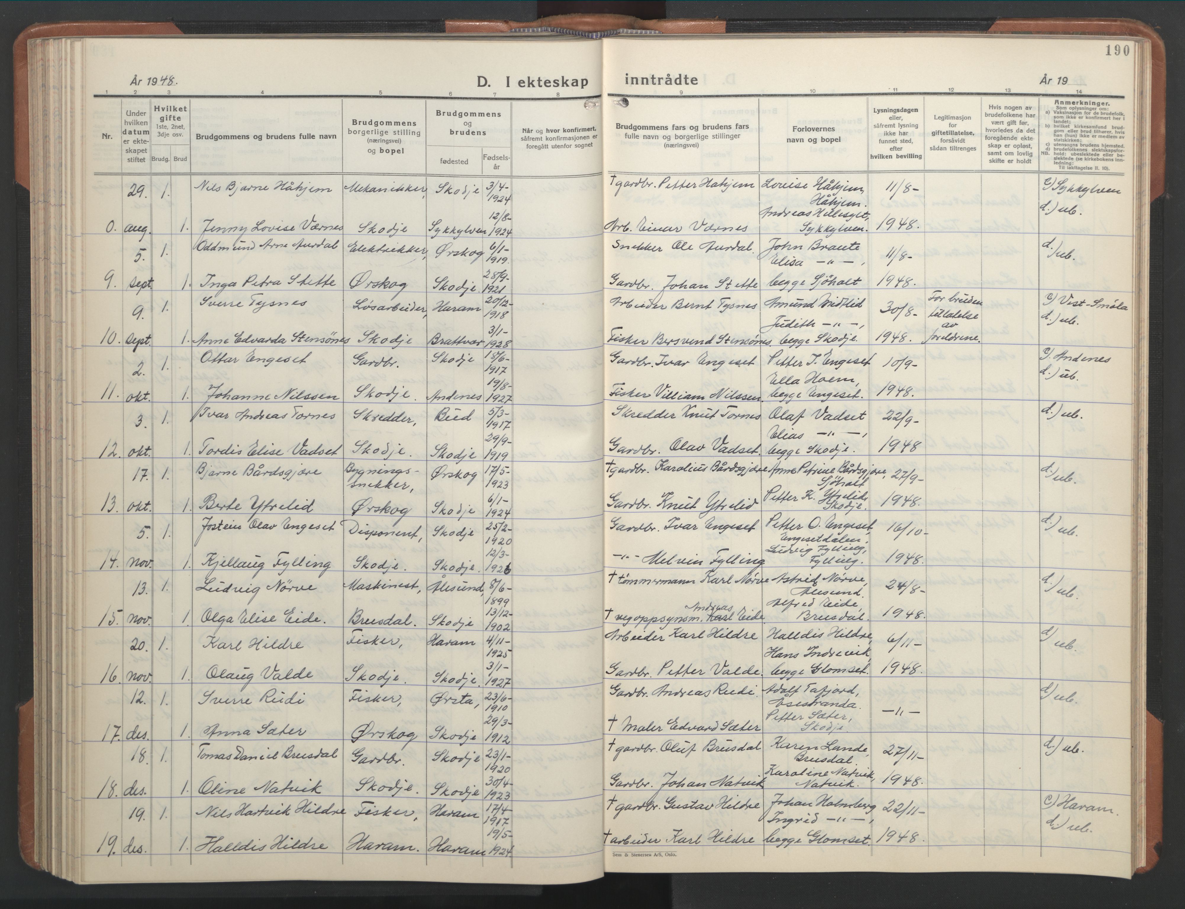 Ministerialprotokoller, klokkerbøker og fødselsregistre - Møre og Romsdal, SAT/A-1454/524/L0367: Klokkerbok nr. 524C08, 1932-1951, s. 190