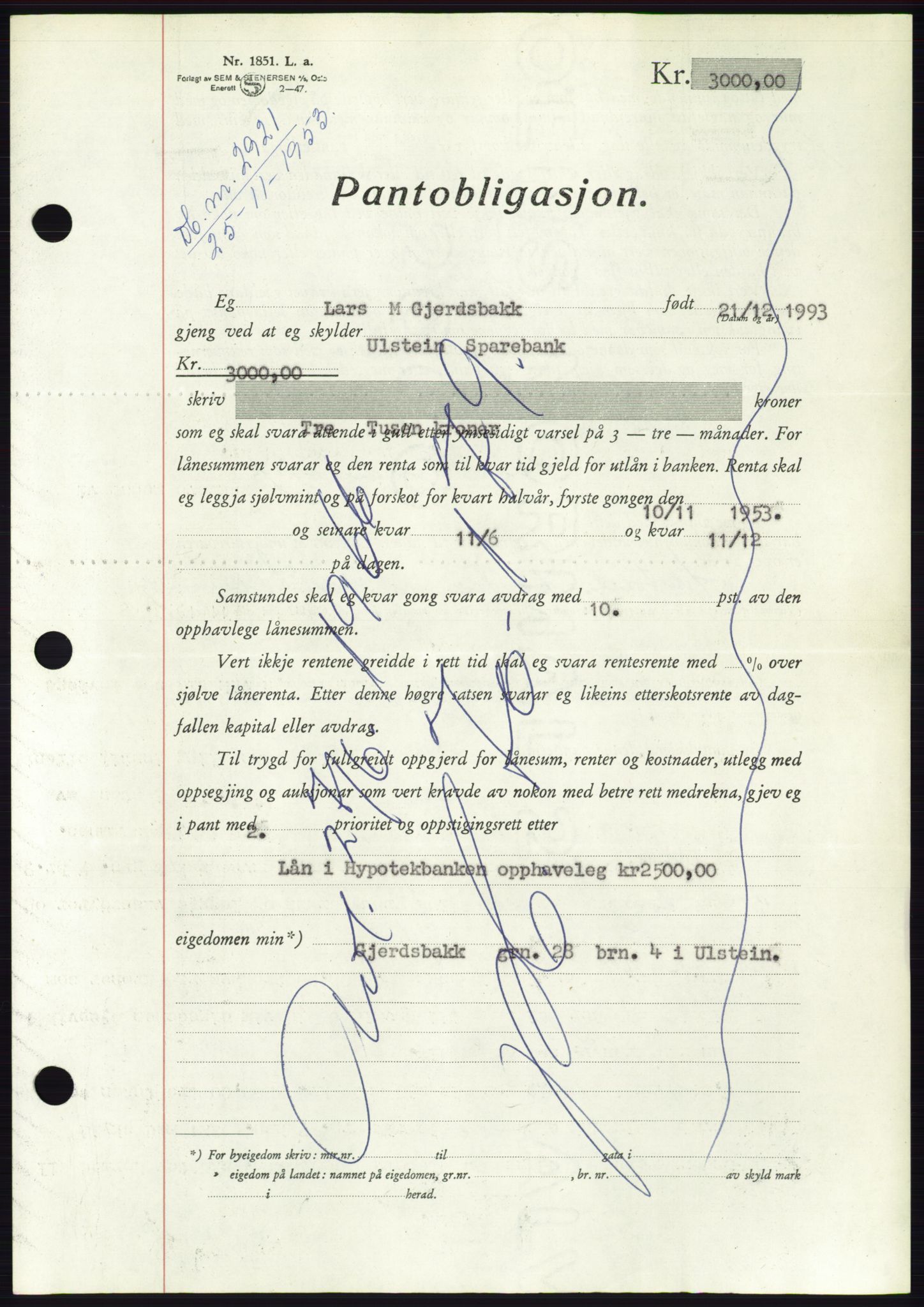 Søre Sunnmøre sorenskriveri, AV/SAT-A-4122/1/2/2C/L0124: Pantebok nr. 12B, 1953-1954, Dagboknr: 2921/1953