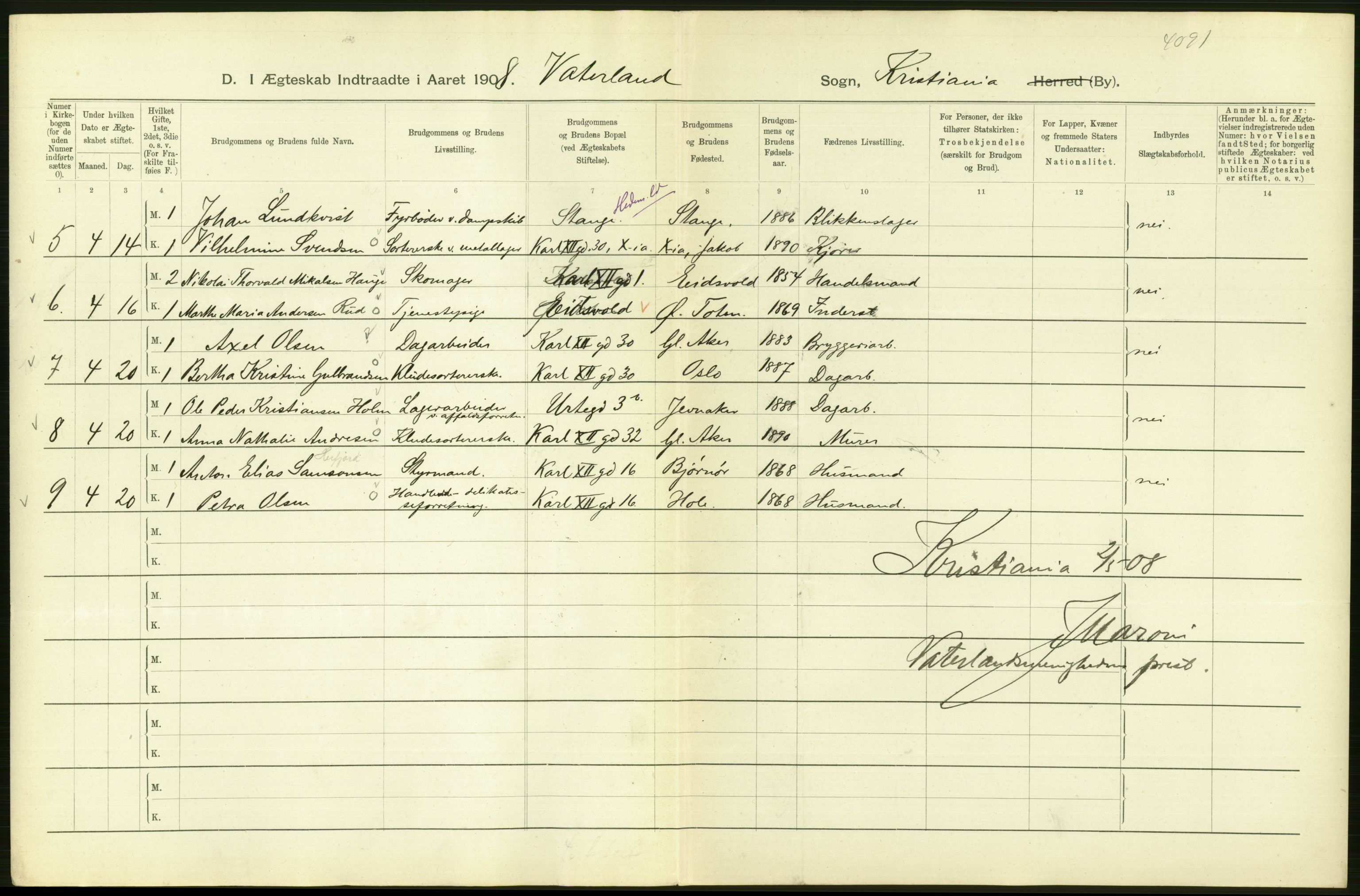 Statistisk sentralbyrå, Sosiodemografiske emner, Befolkning, AV/RA-S-2228/D/Df/Dfa/Dfaf/L0007: Kristiania: Gifte, 1908, s. 52