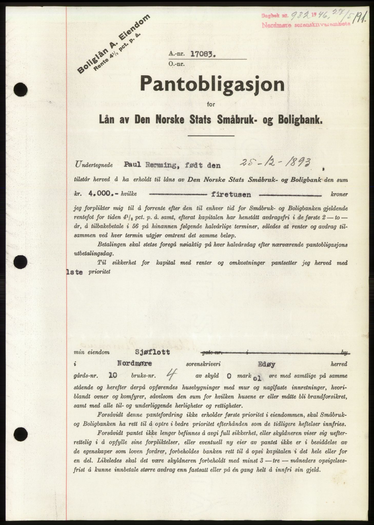 Nordmøre sorenskriveri, SAT/A-4132/1/2/2Ca: Pantebok nr. B94, 1946-1946, Dagboknr: 932/1946