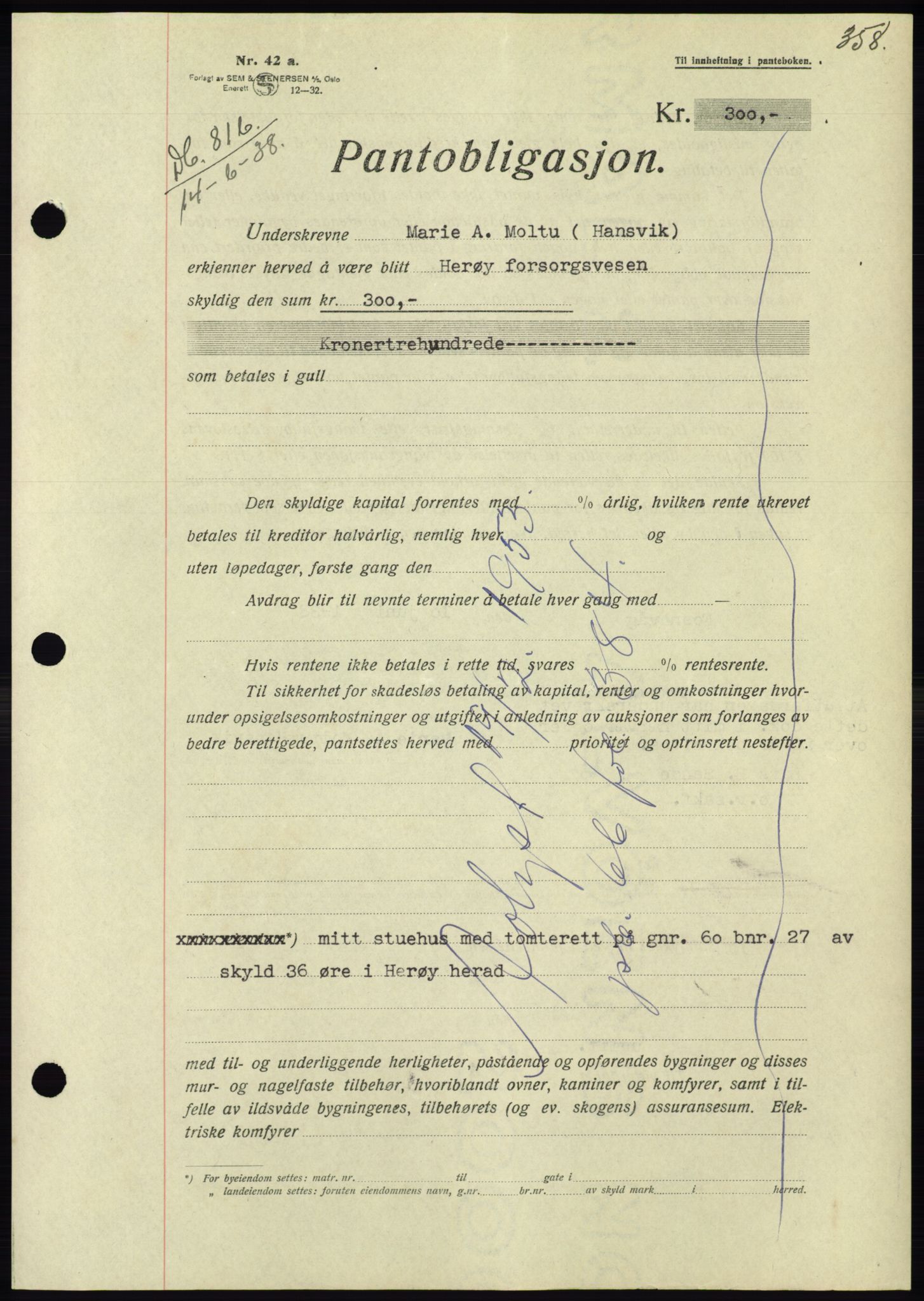 Søre Sunnmøre sorenskriveri, AV/SAT-A-4122/1/2/2C/L0065: Pantebok nr. 59, 1938-1938, Dagboknr: 816/1938